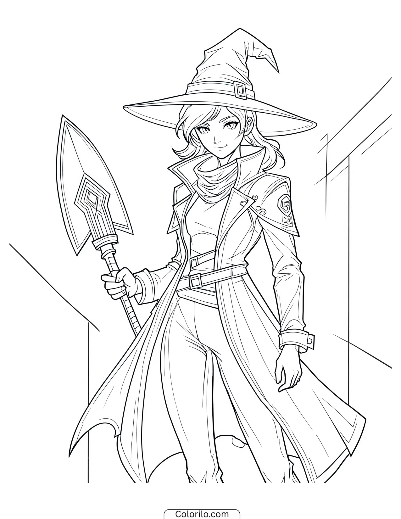 Witch character holding a spear coloring page