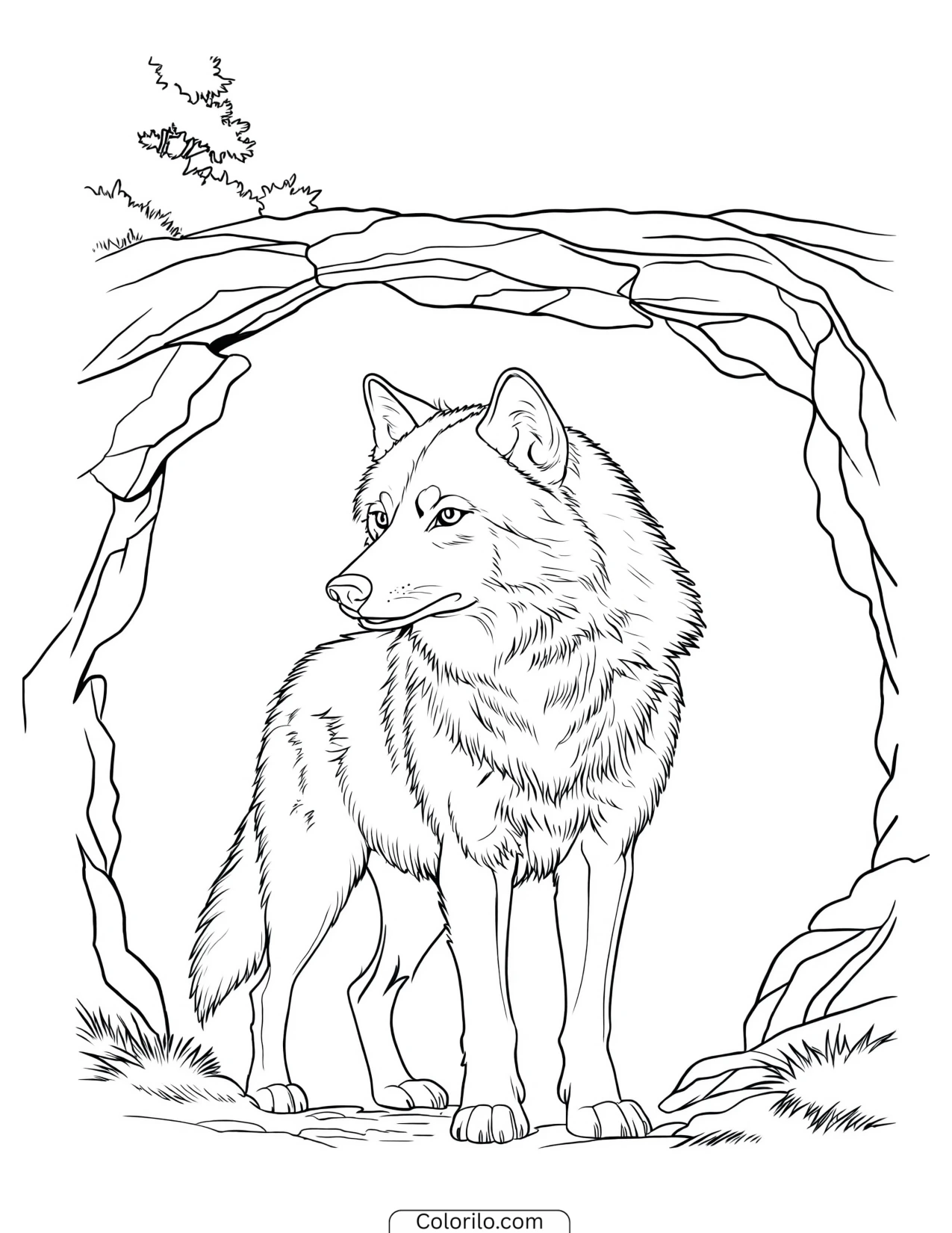 Wolf standing at the entrance to a cave coloring page