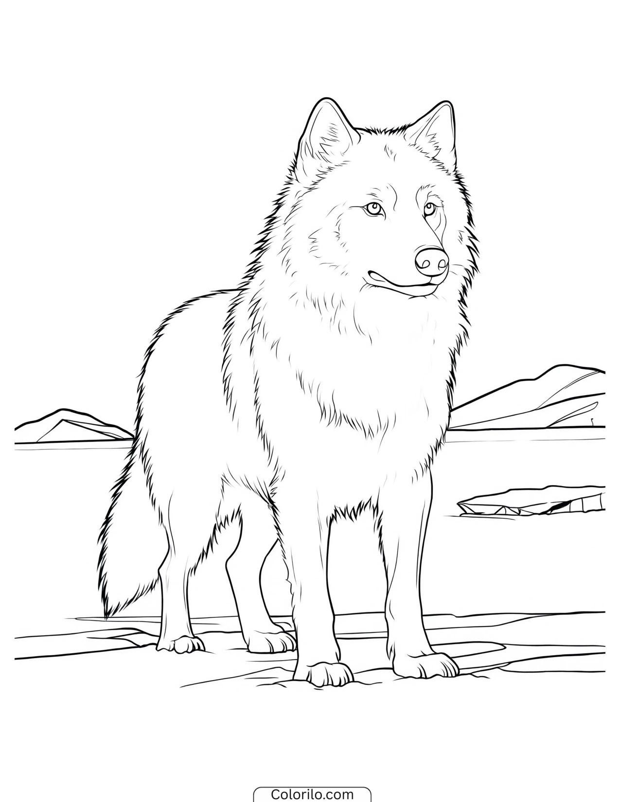 Wolf beside a frozen icy landscape coloring page