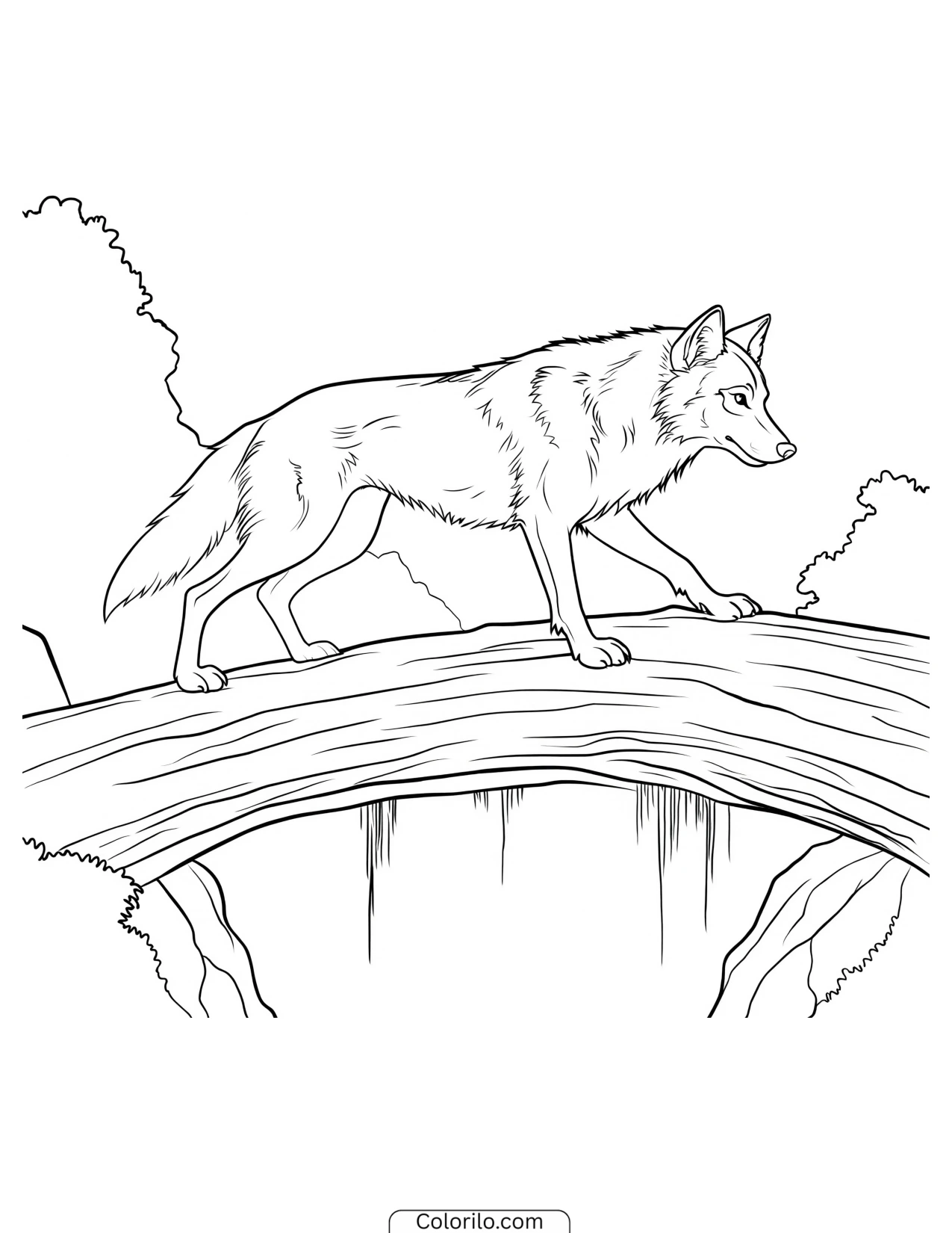 Wolf crossing over a fallen log coloring page