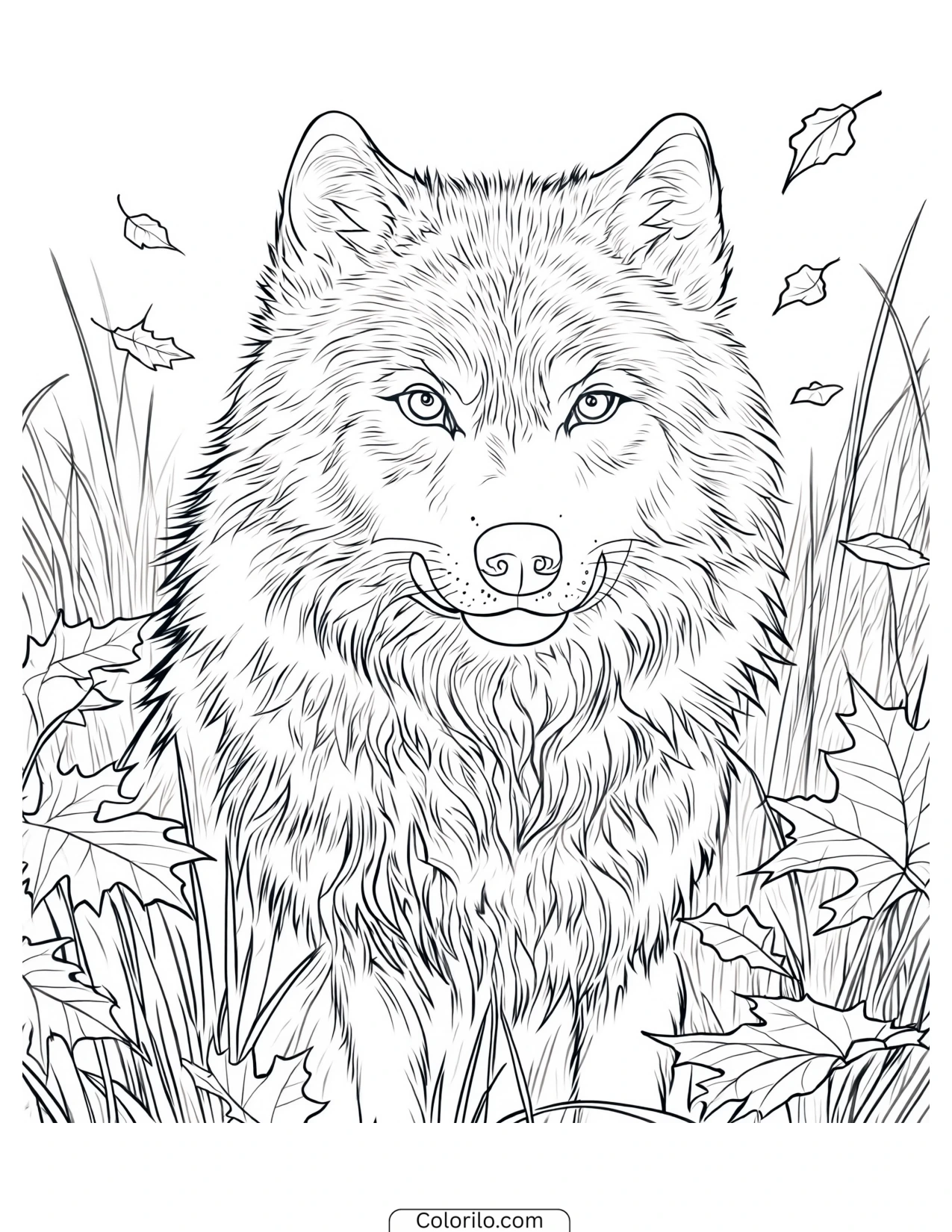 Wolf facing forward from long grass coloring page