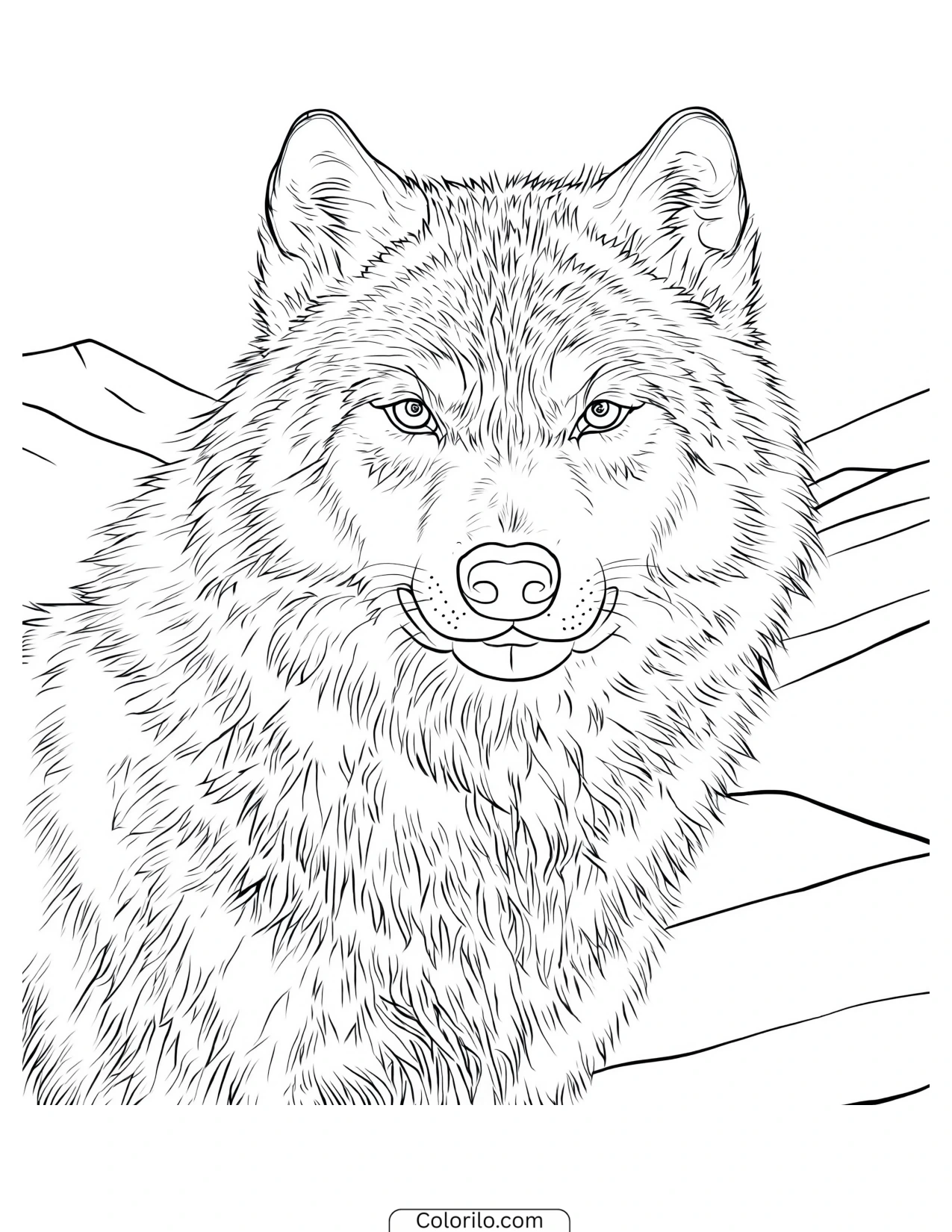Front portrait of a wolf with hills behind coloring page