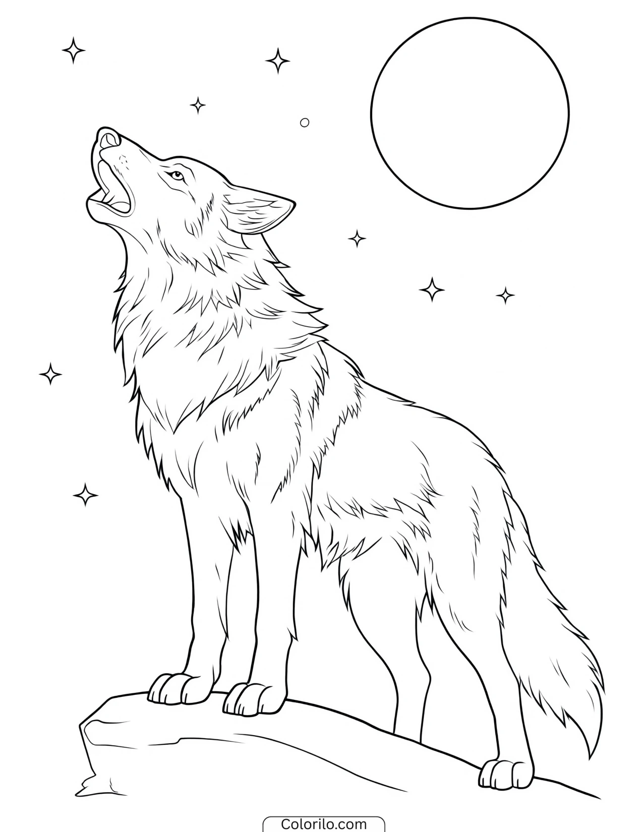 Wolf howling up at a full moon coloring page