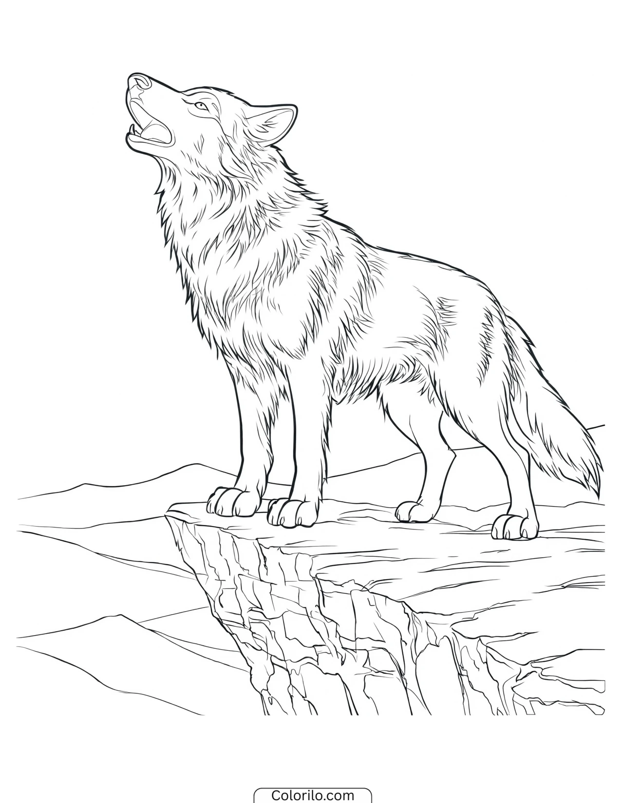 Wolf howling from the edge of a cliff coloring page