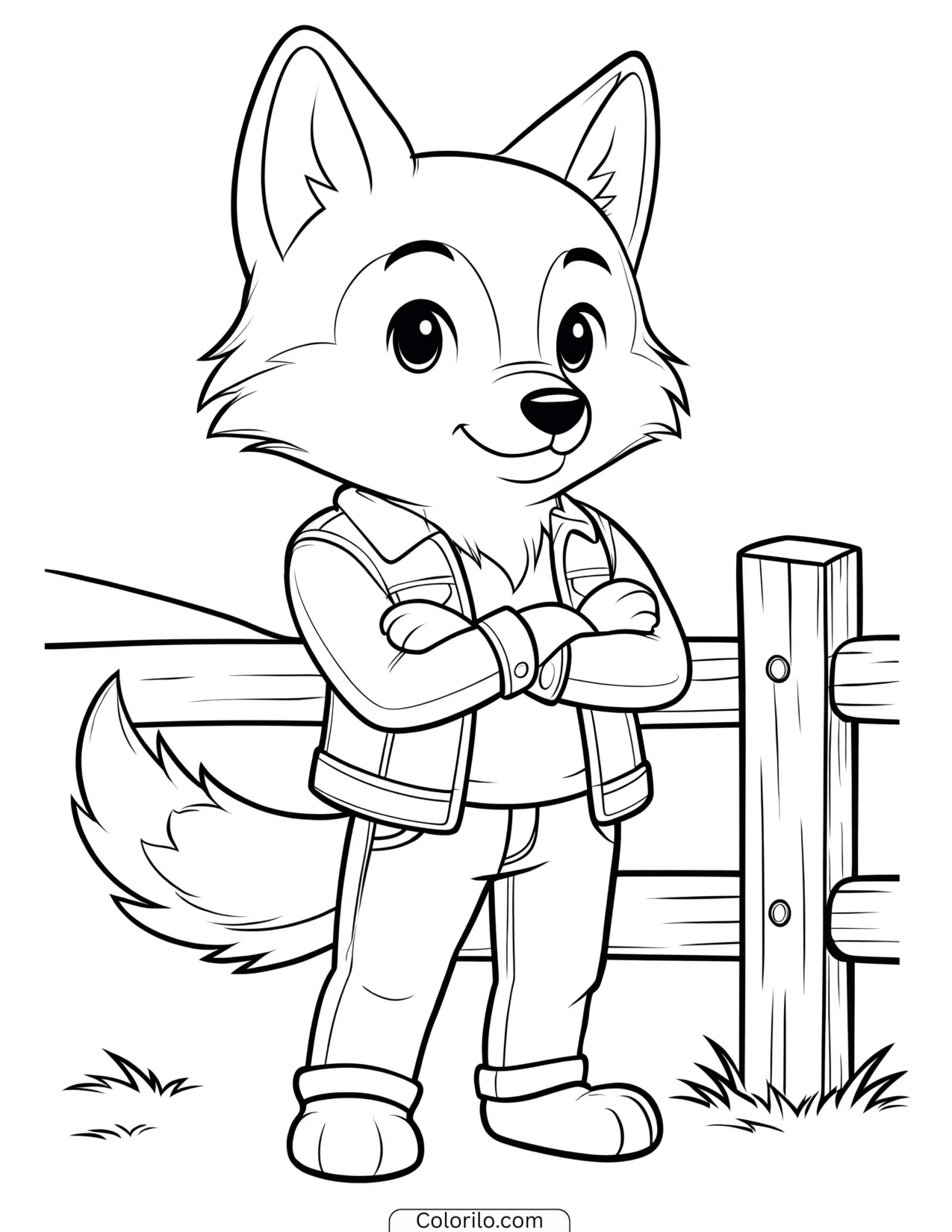 Wolf wearing a denim jacket beside a fence coloring page