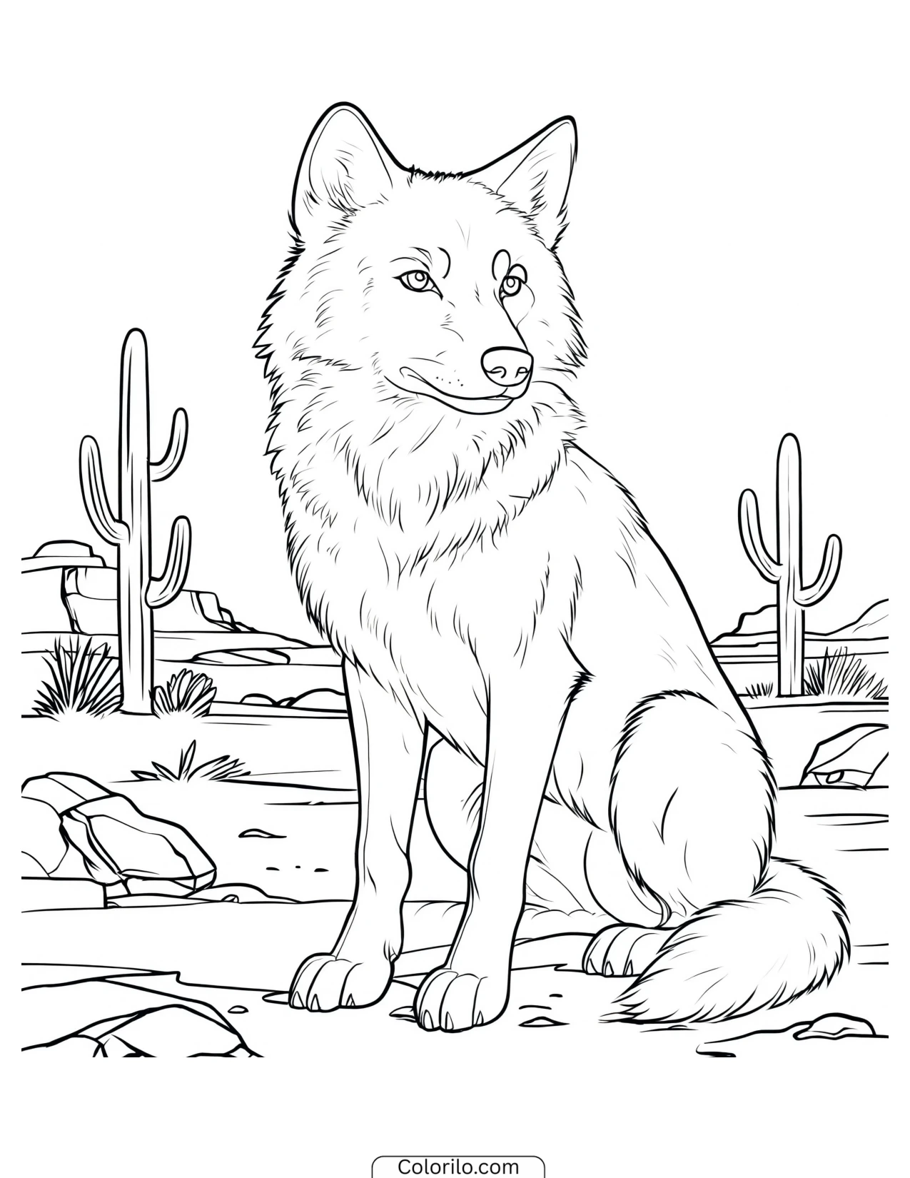 Wolf standing in desert scrub among cacti coloring page