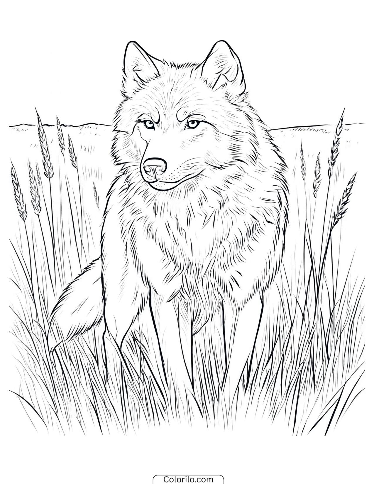 Wolf standing in a field of tall grass coloring page