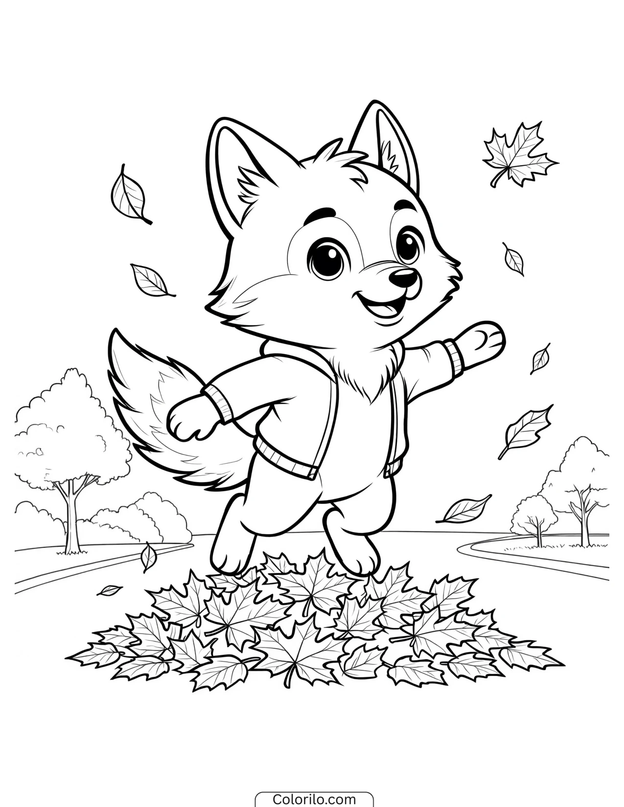 Wolf jumping through fallen autumn leaves coloring page