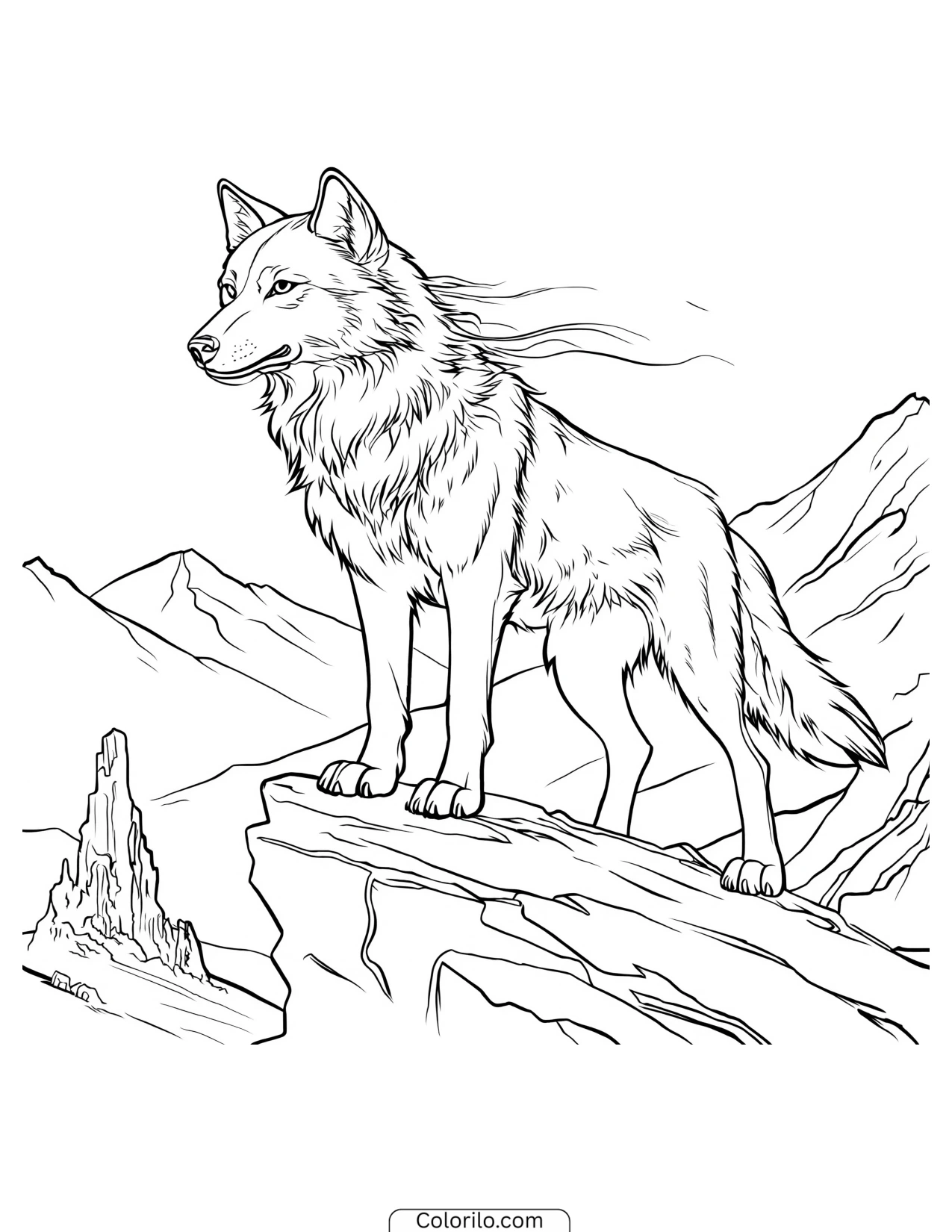 Wolf standing on a rocky mountain outcrop coloring page