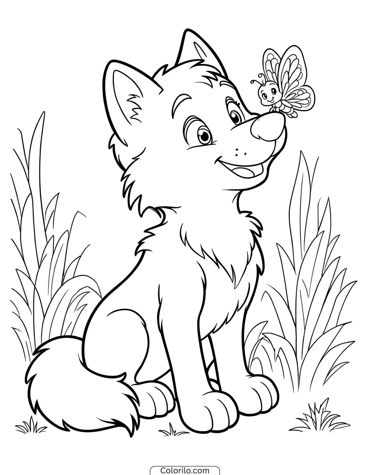 Wolf pup watching a butterfly coloring page
