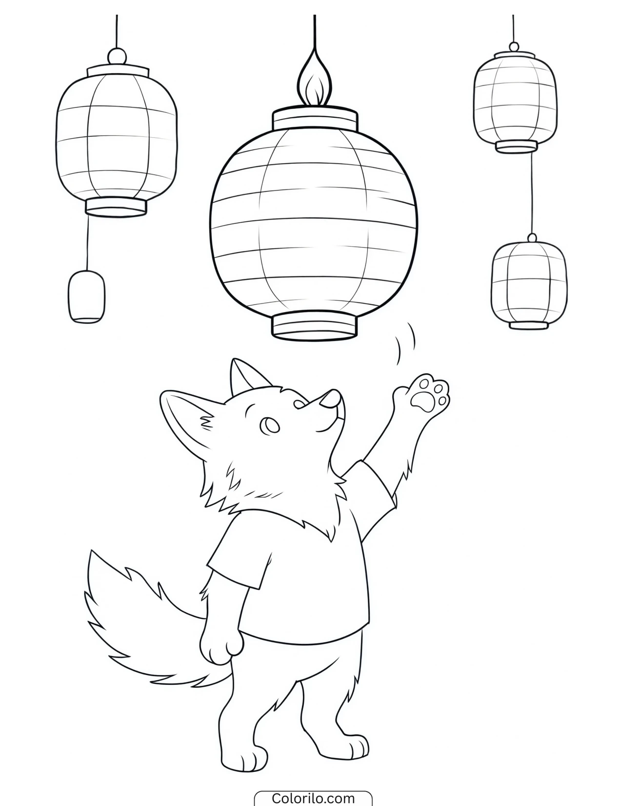 Wolf reaching up toward a hanging lantern coloring page