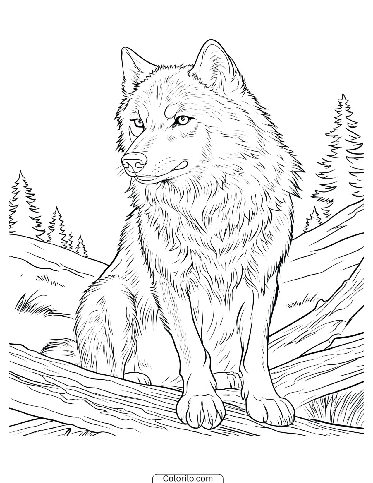 Wolf sitting beside a fallen log coloring page