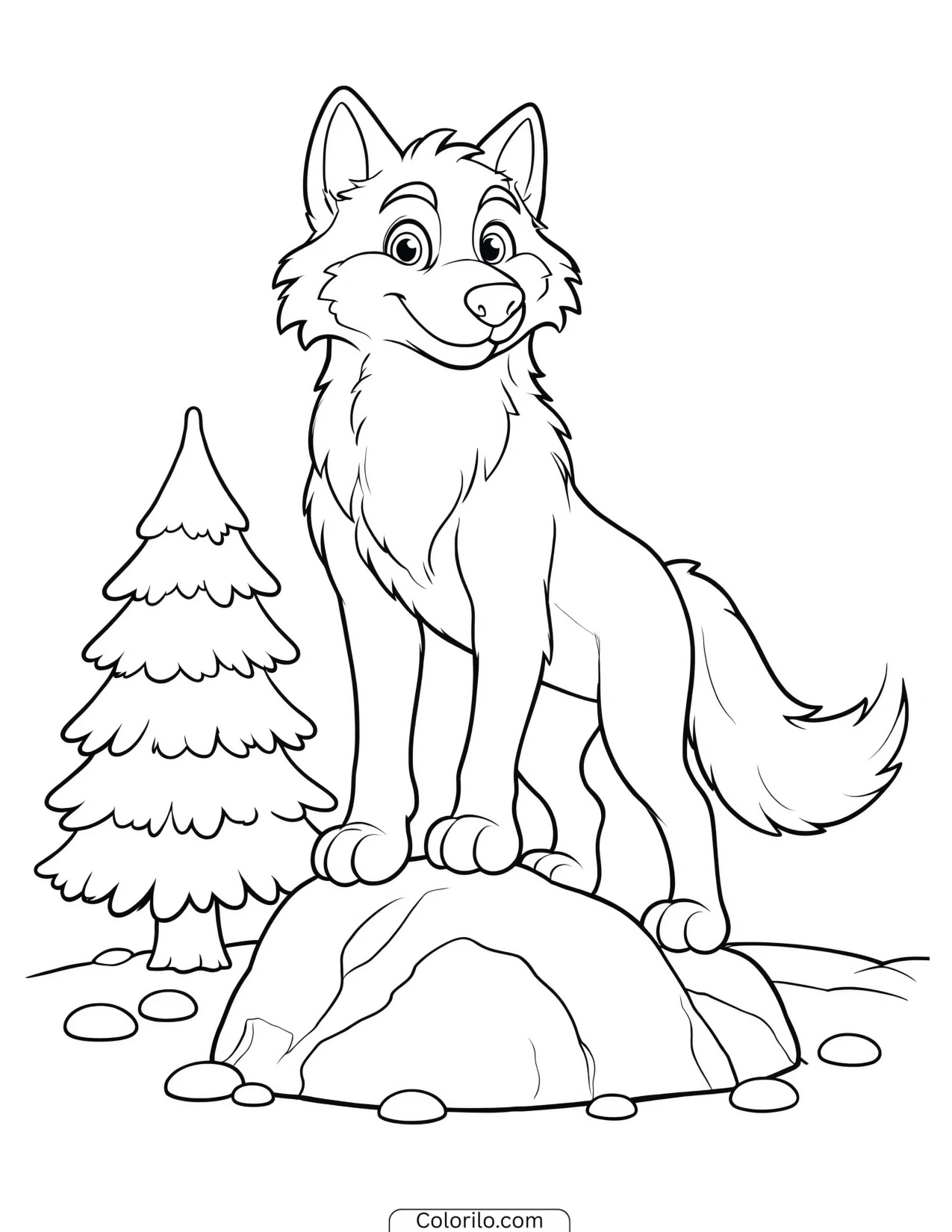 Wolf standing on top of a large boulder coloring page
