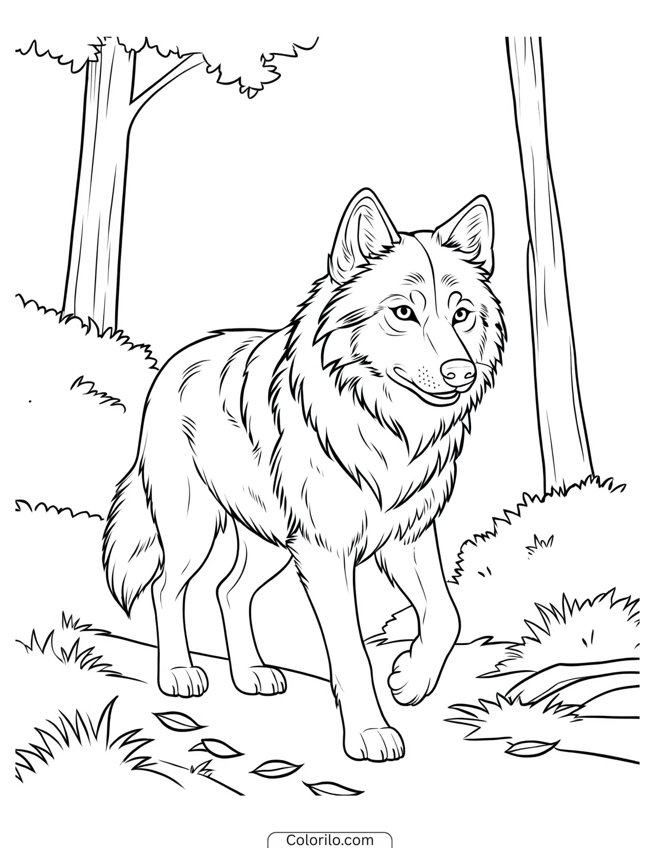 Wolf striding through the forest coloring page