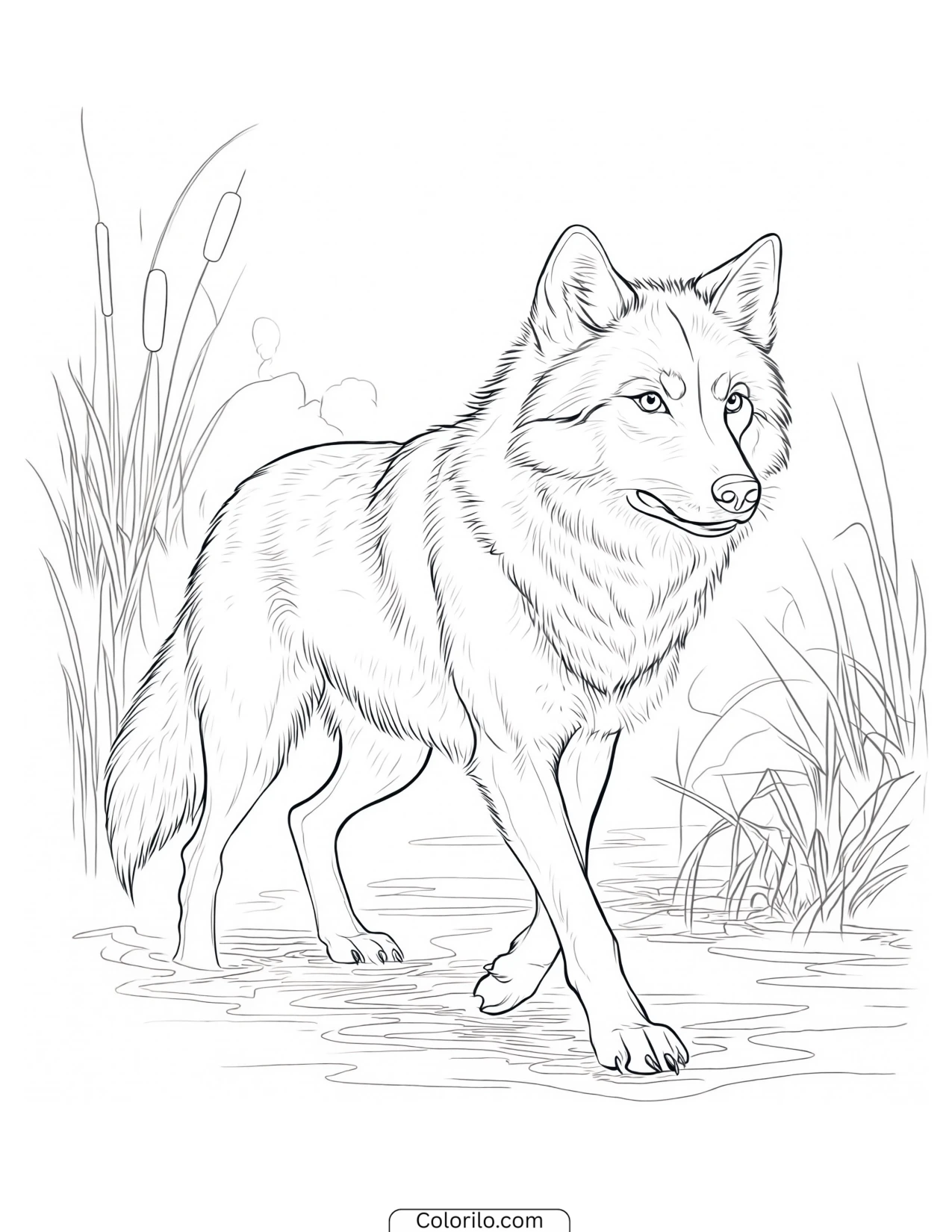 Wolf wading through marshy water coloring page