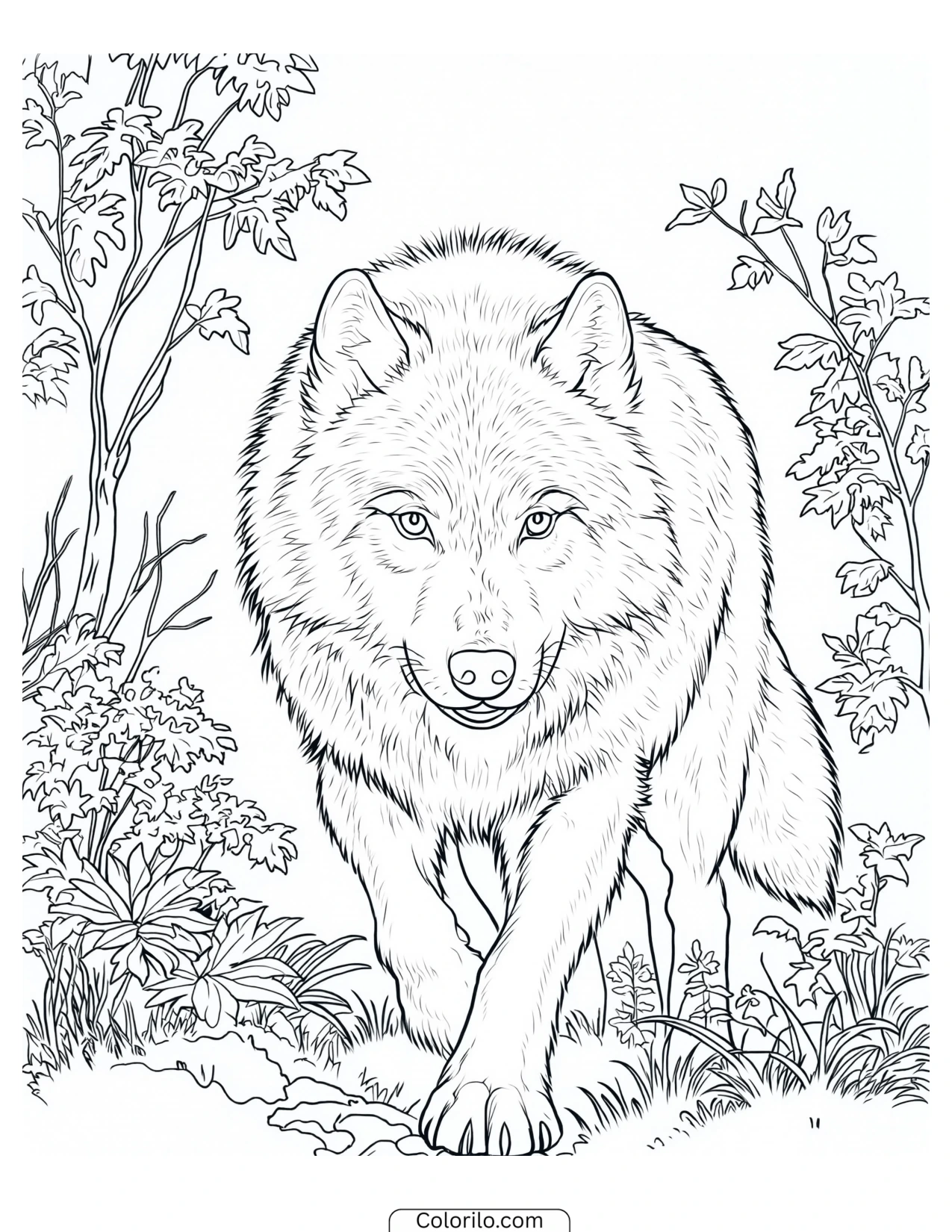 Wolf walking straight toward the viewer coloring page