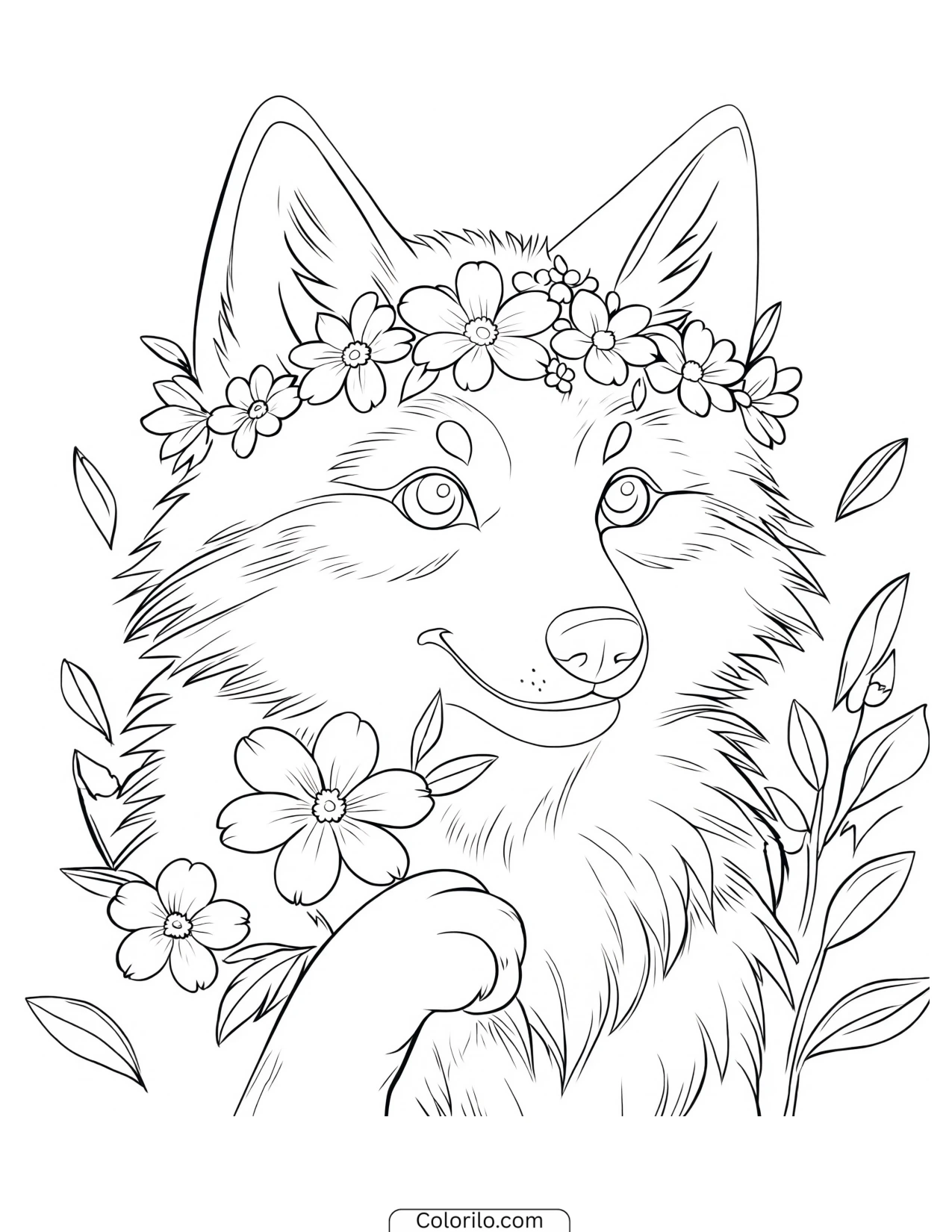 Wolf wearing a crown of flowers coloring page