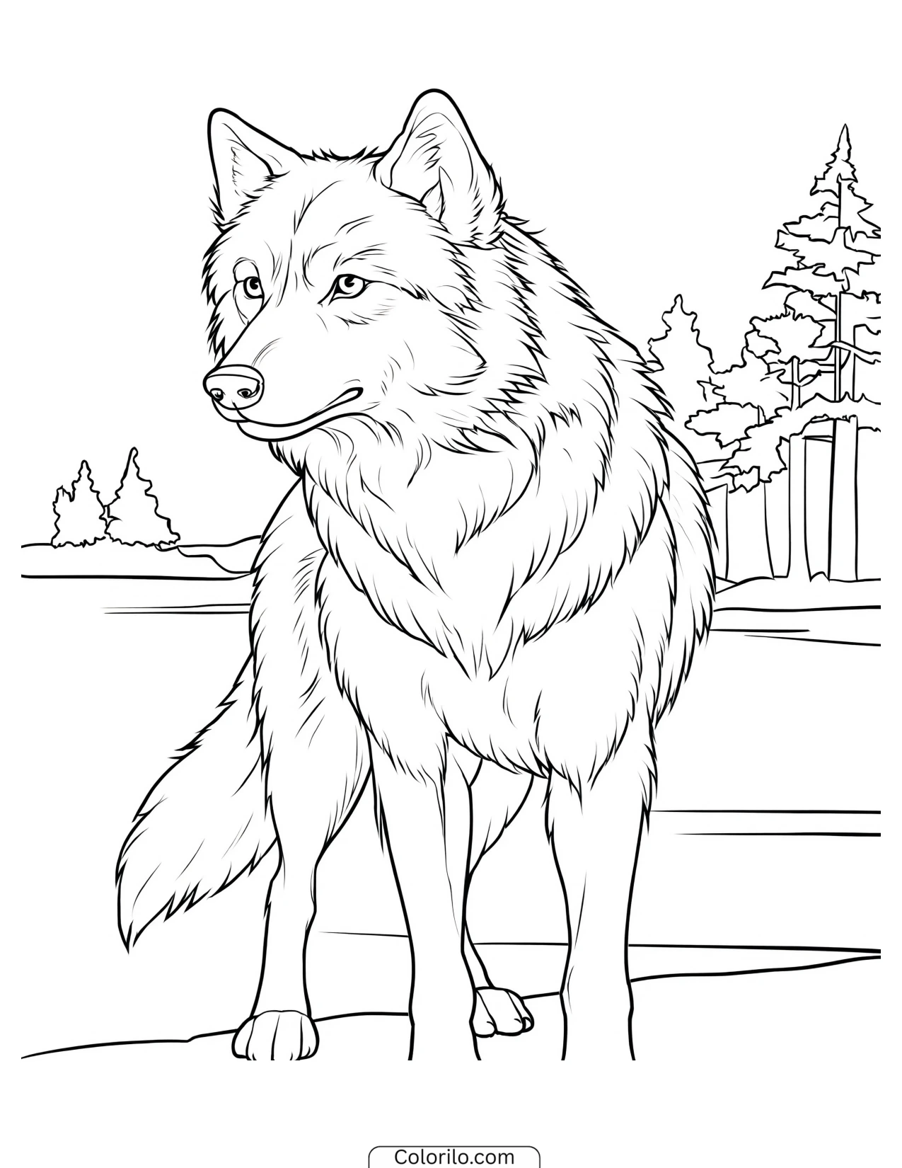 Wolf standing among tall pine trees coloring page