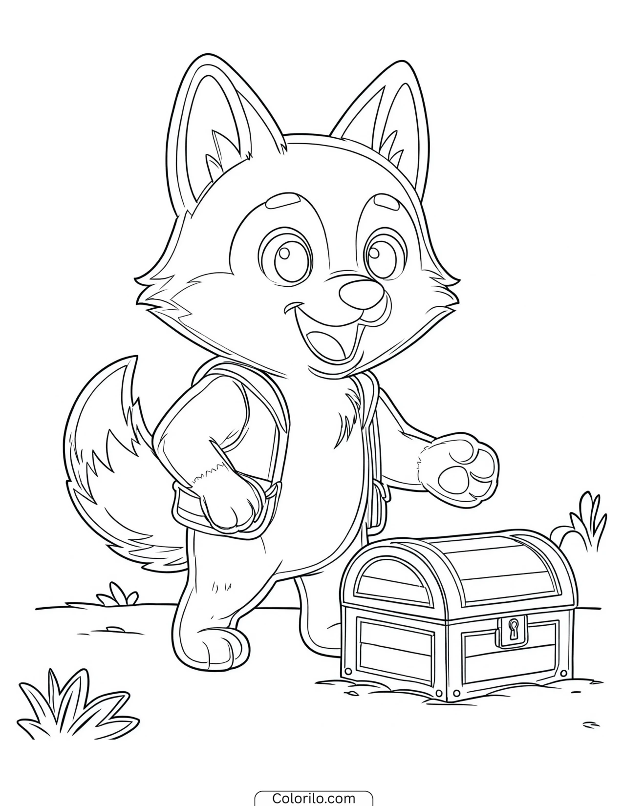Wolf beside an open treasure chest coloring page