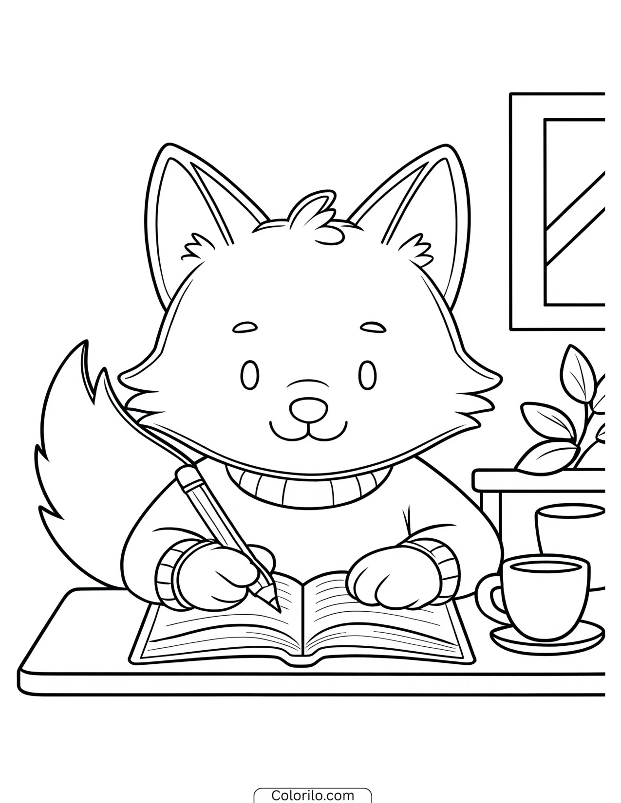 Wolf sitting writing at a desk coloring page