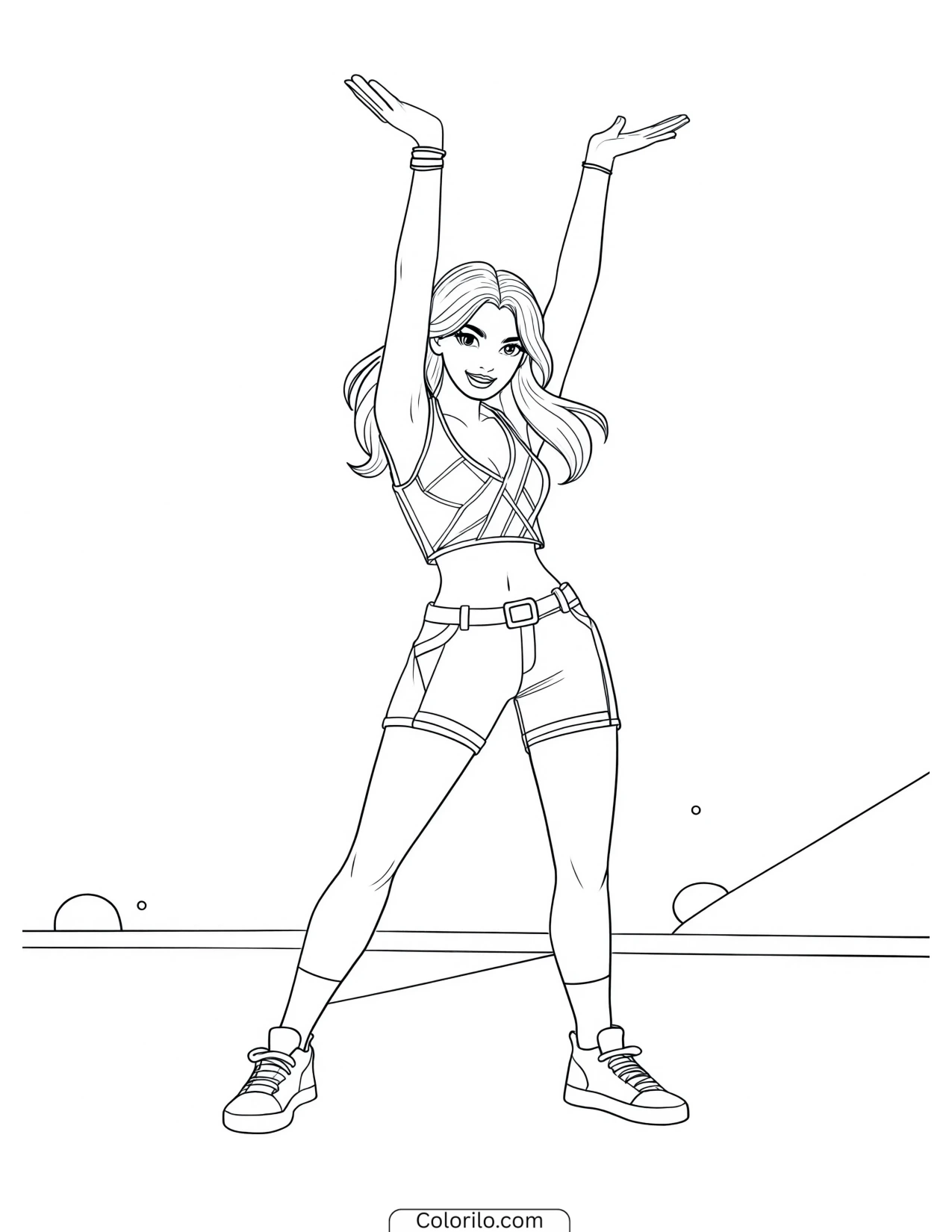 Female character standing with both arms raised coloring page