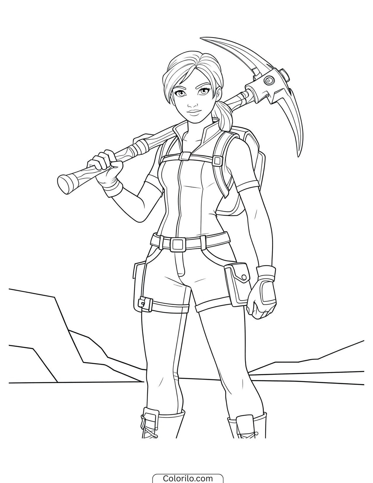 Female character with a pickaxe resting over her shoulder coloring page