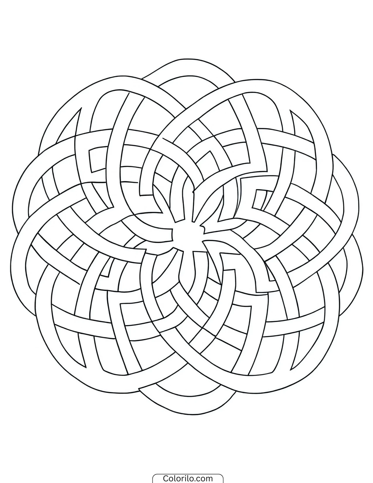 Pinwheel knot woven into a maze pattern coloring page
