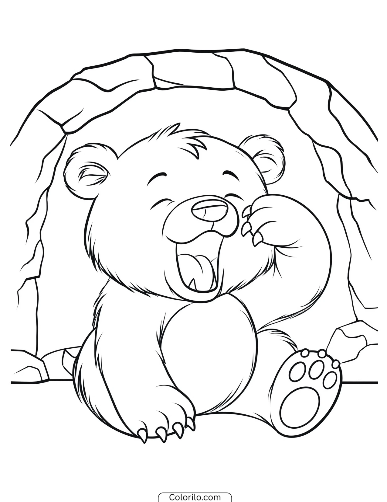 Bear cub yawning at the mouth of its cave coloring page