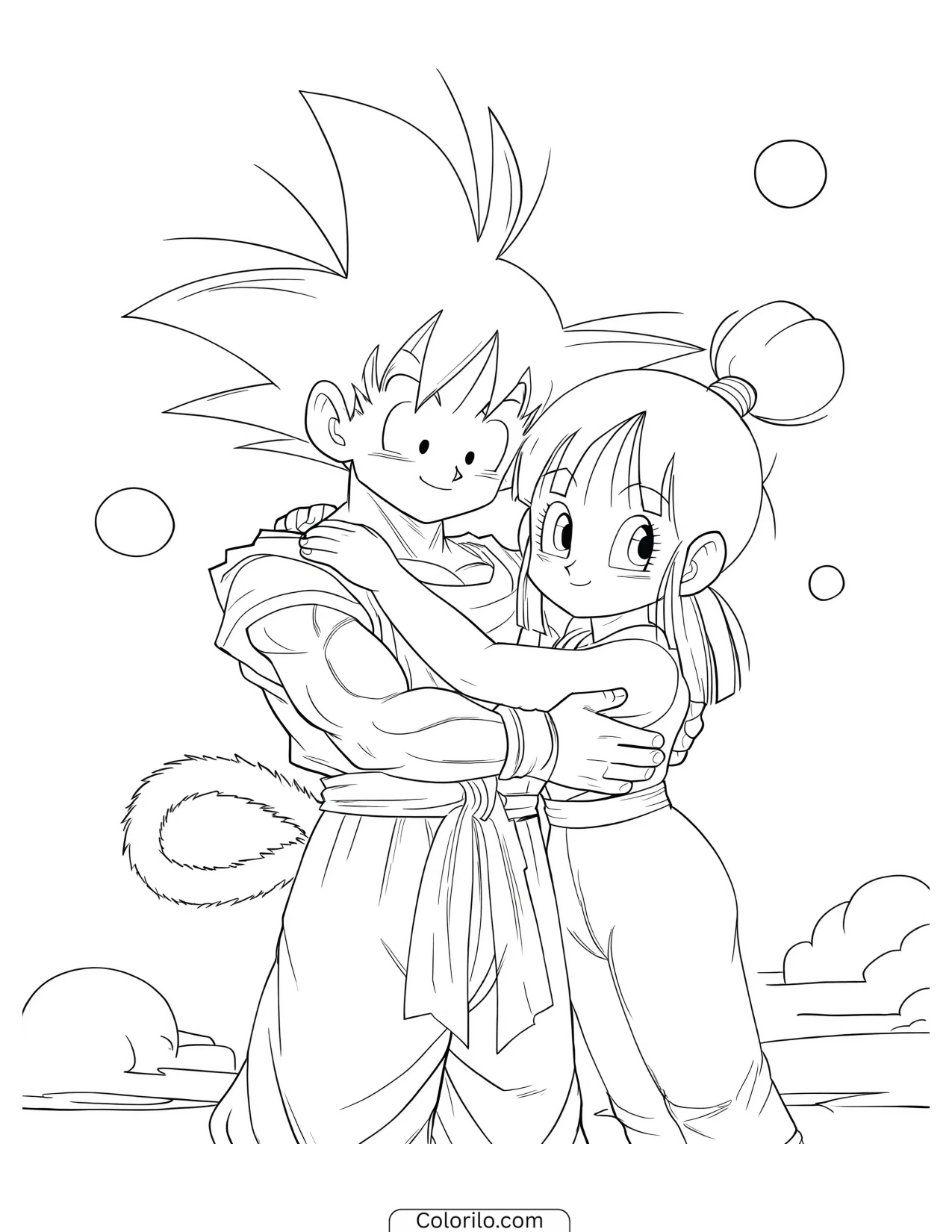 Young Goku and Chi-Chi hugging coloring page