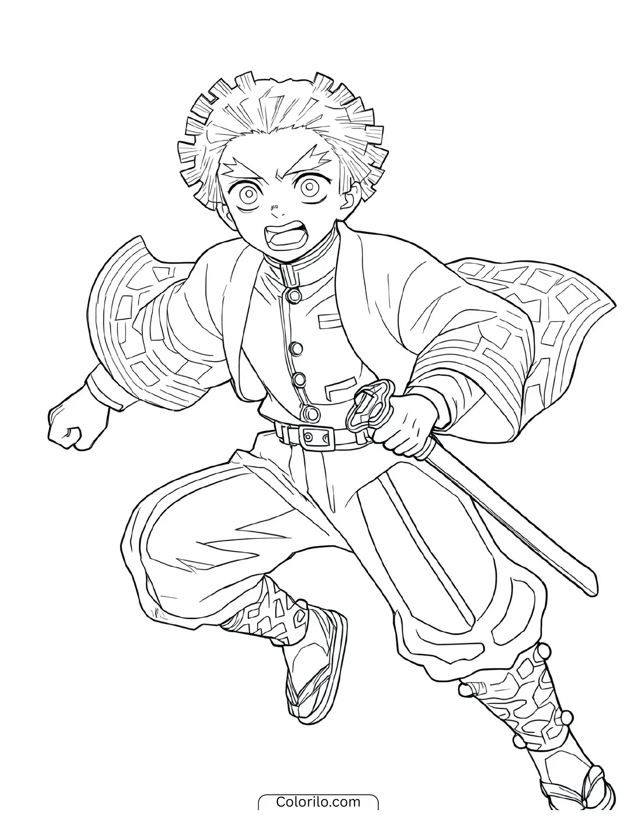 Zenitsu Agatsuma leaping forward drawing his sword coloring page