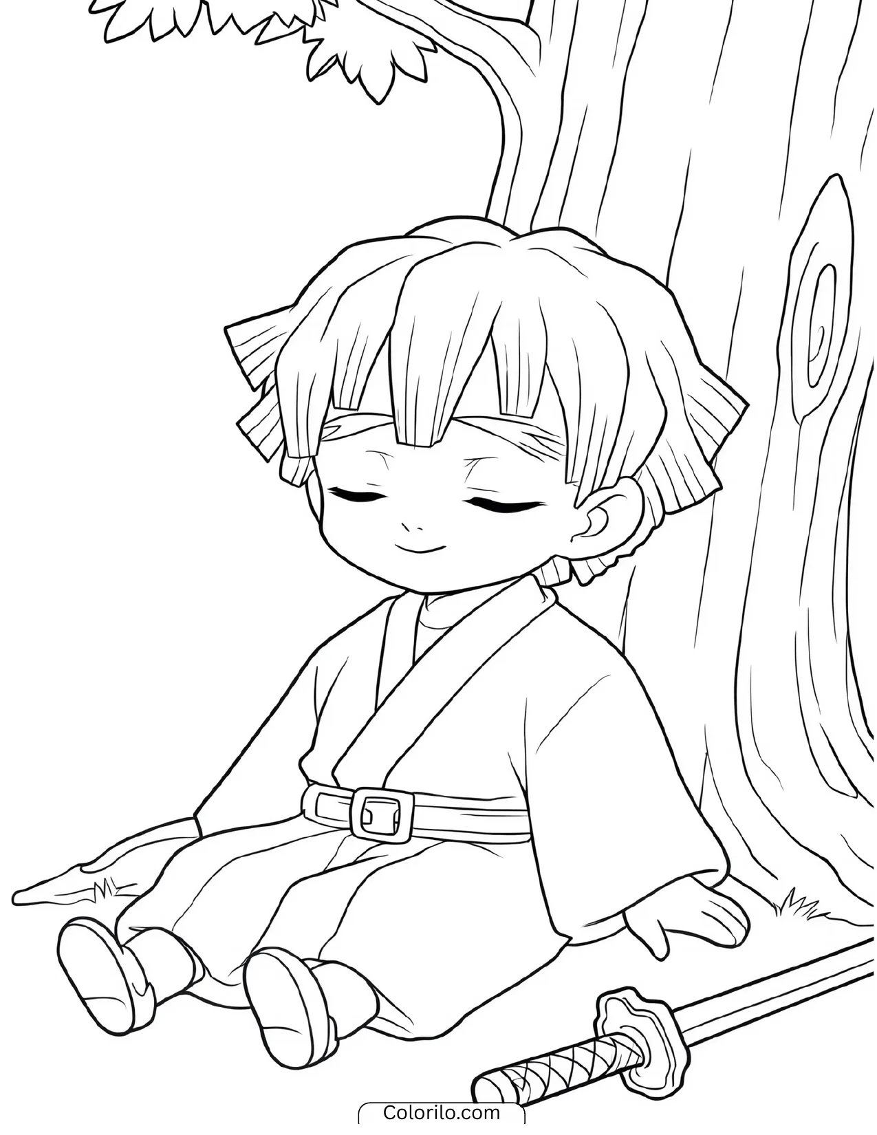Zenitsu sleeping while leaning against a tree coloring page
