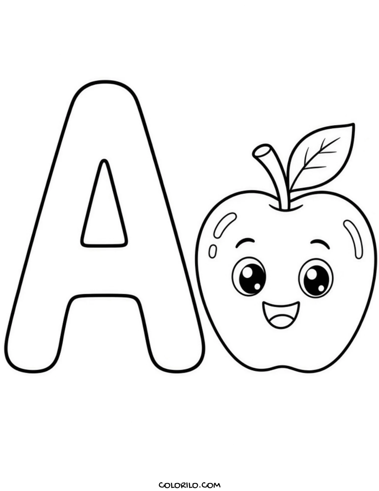The letter A with an apple coloring page