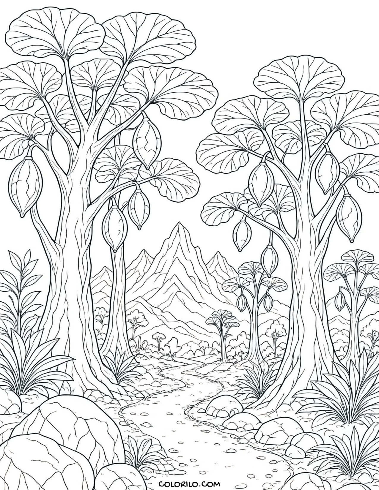 An alien walking a path through a strange forest coloring page