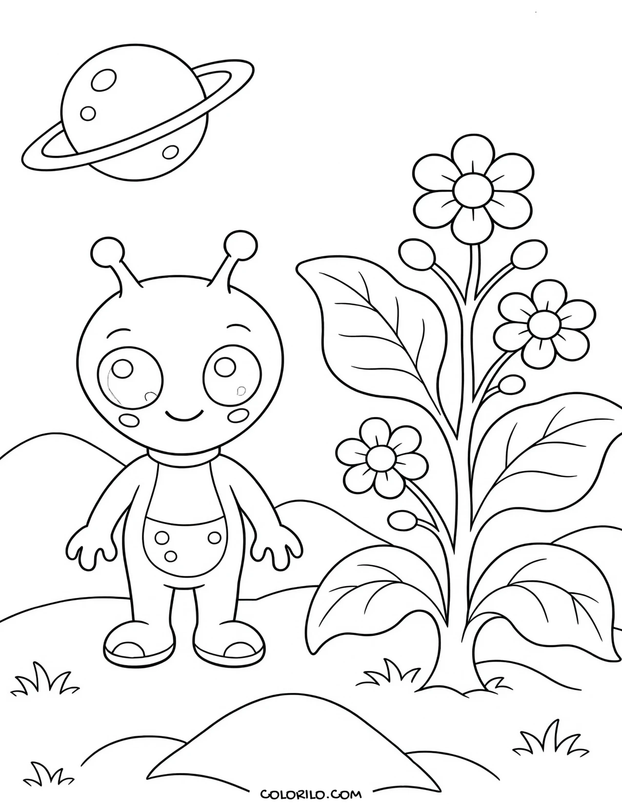 An alien beside an enormous alien plant coloring page