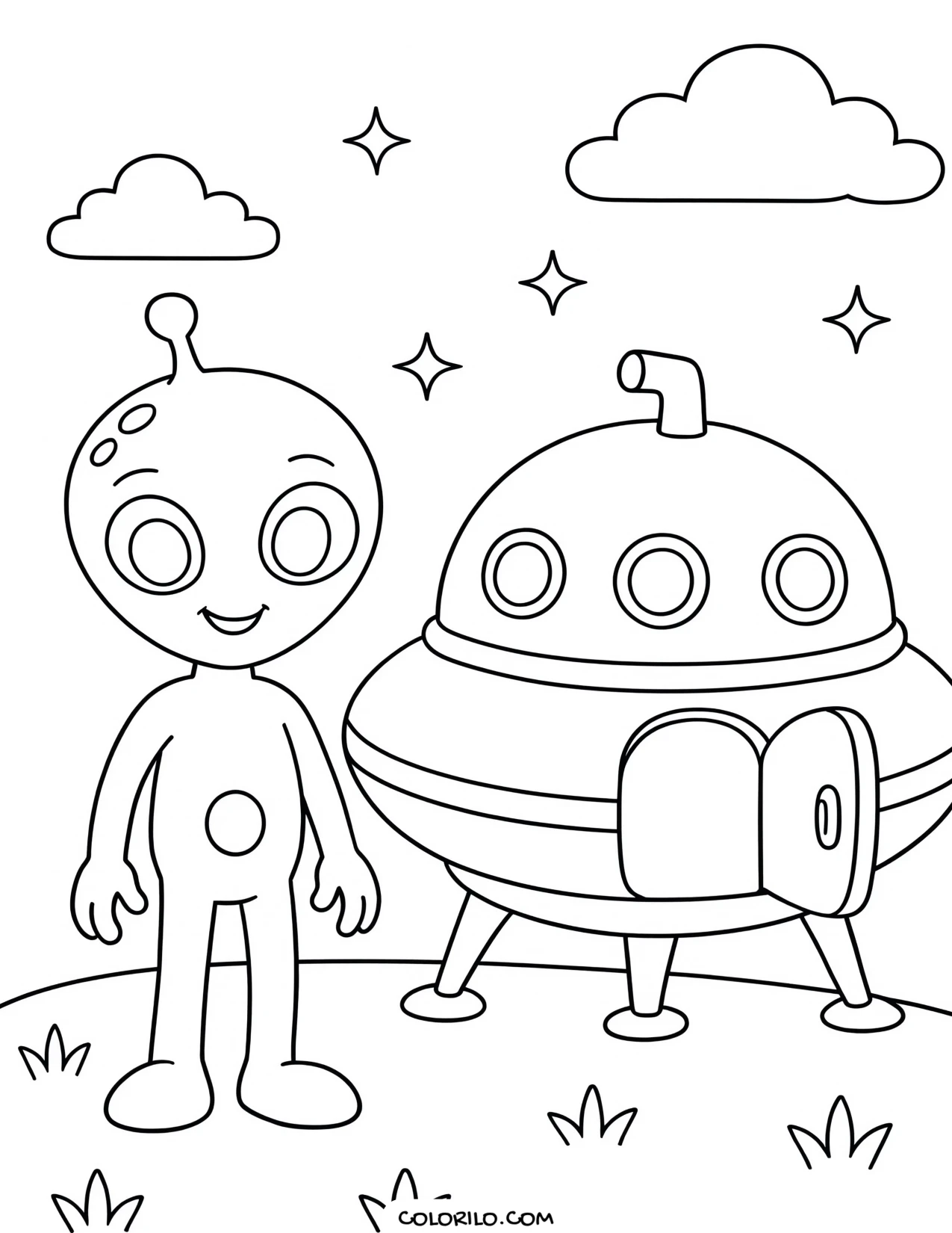 An alien standing beside its spaceship coloring page