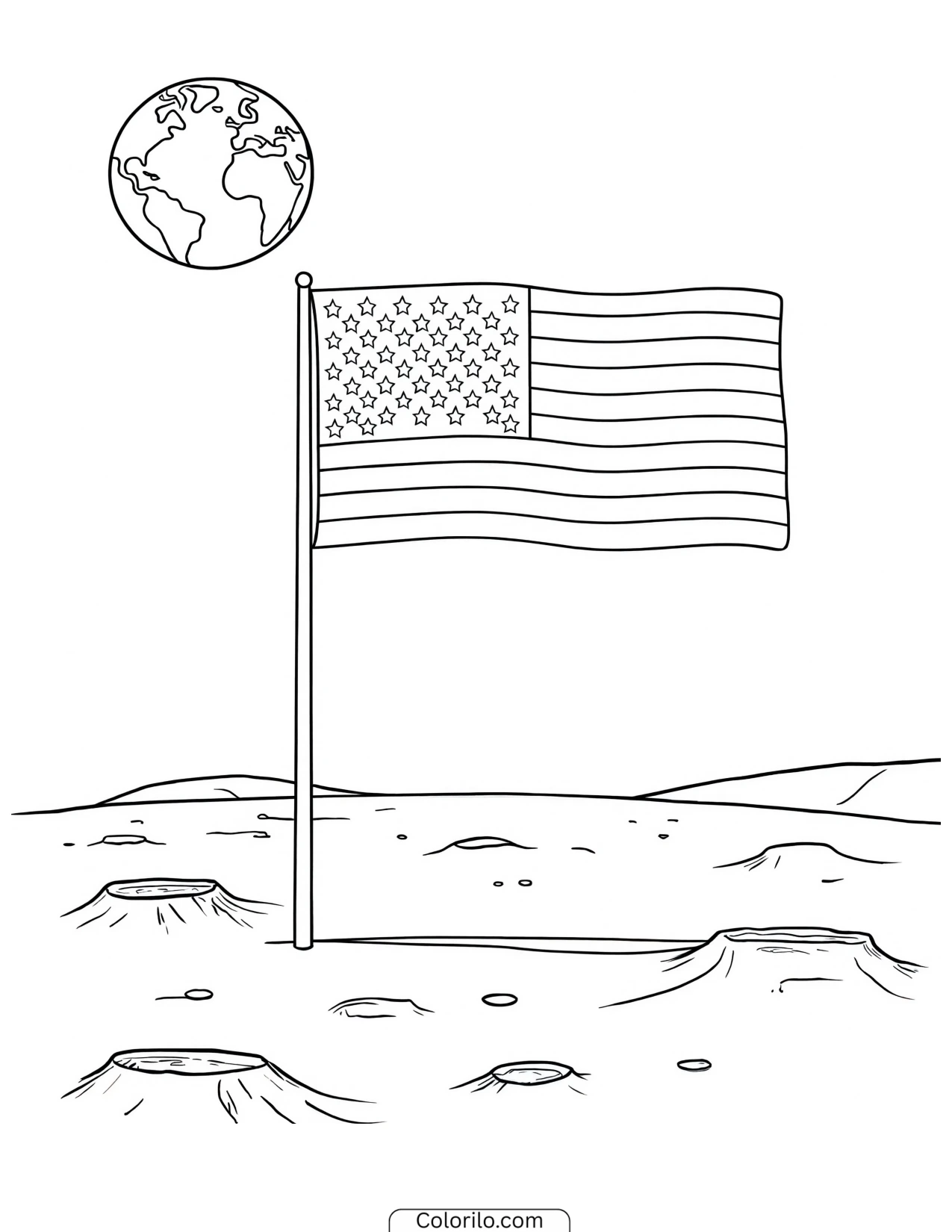 American flag planted on the surface of the Moon coloring page