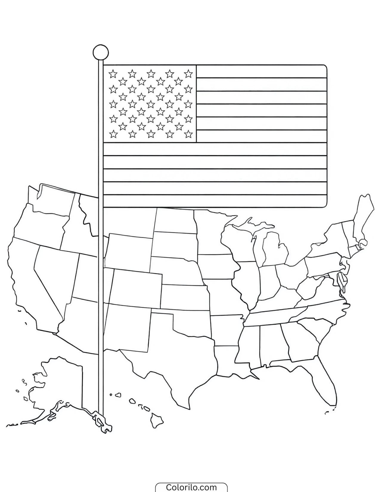 American flag above a map of the United States coloring page