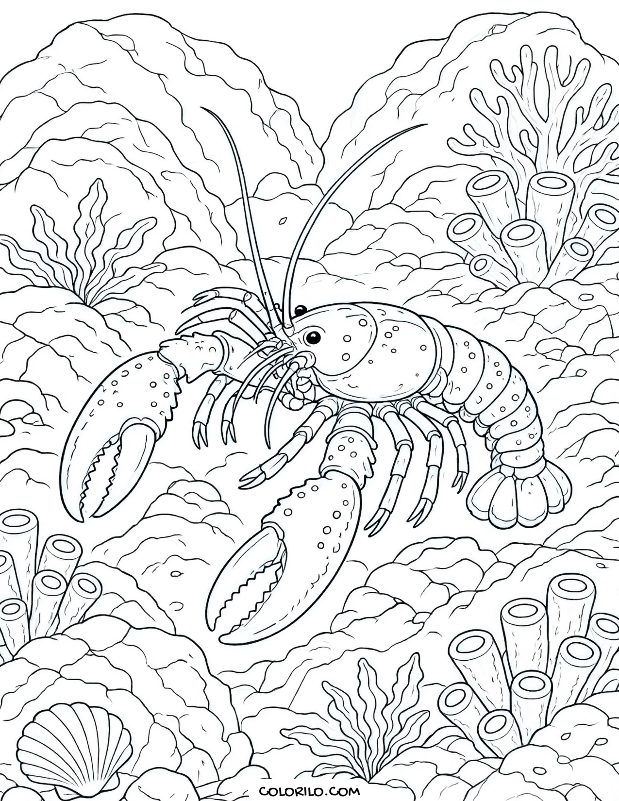 An American lobster among the reef rocks coloring page