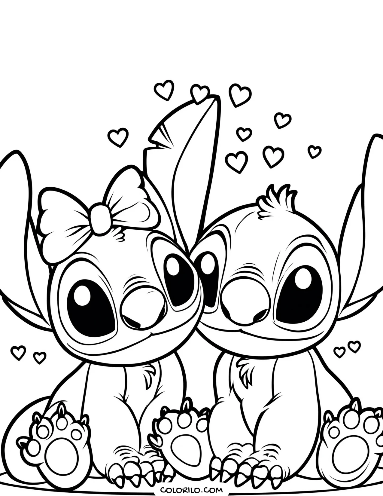 Angel and Stitch cuddling among hearts coloring page