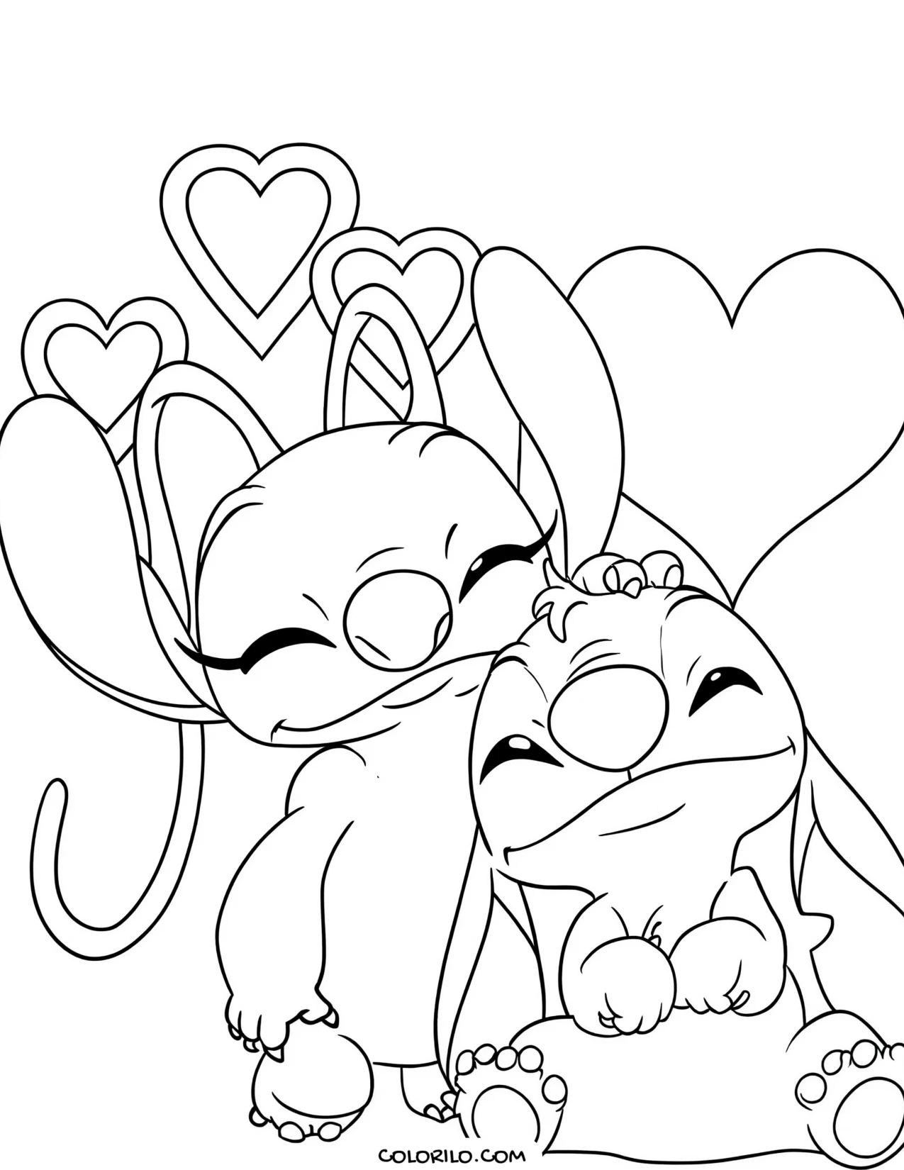 Angel and Stitch nuzzling surrounded by hearts coloring page