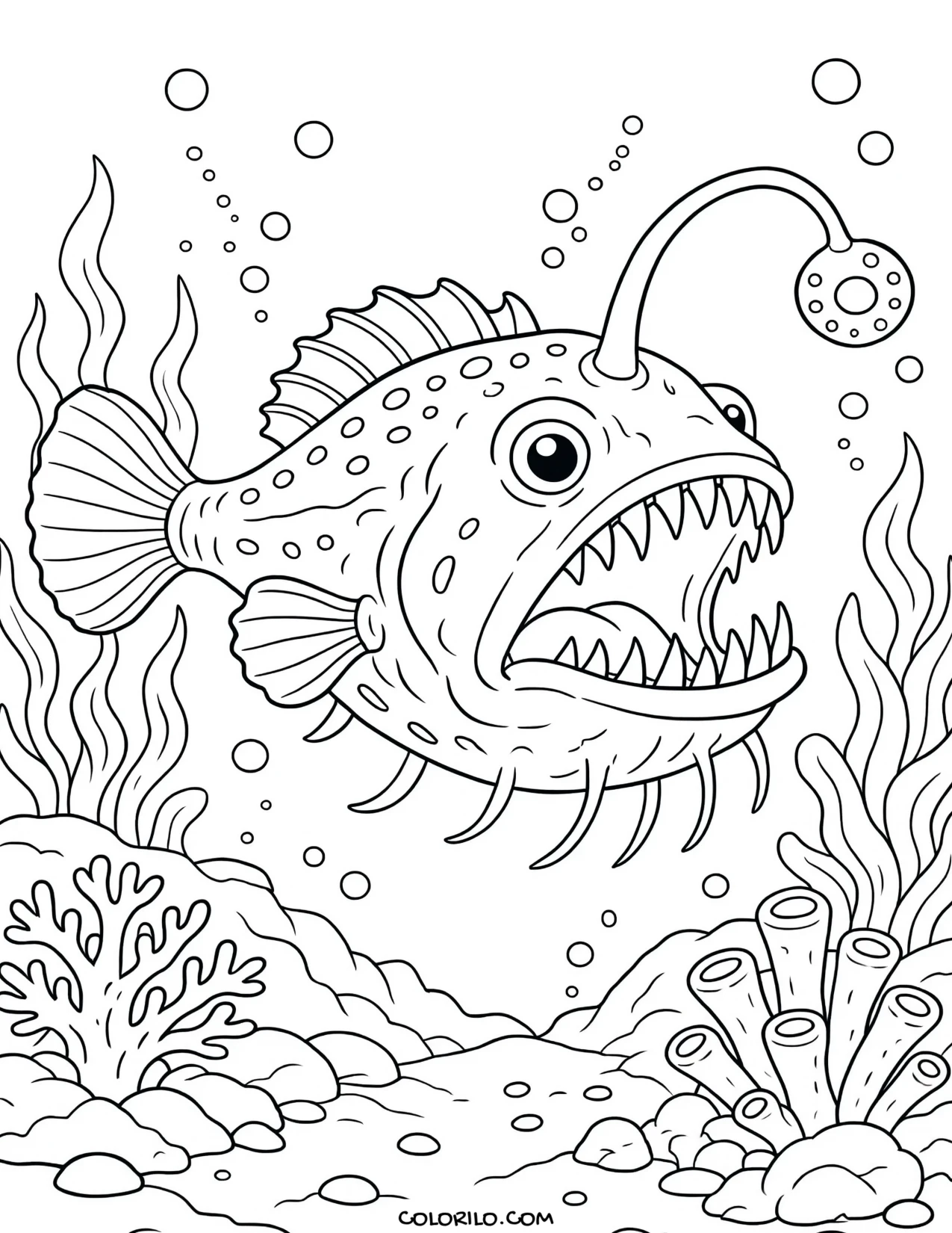 An anglerfish in the dark deep sea coloring page