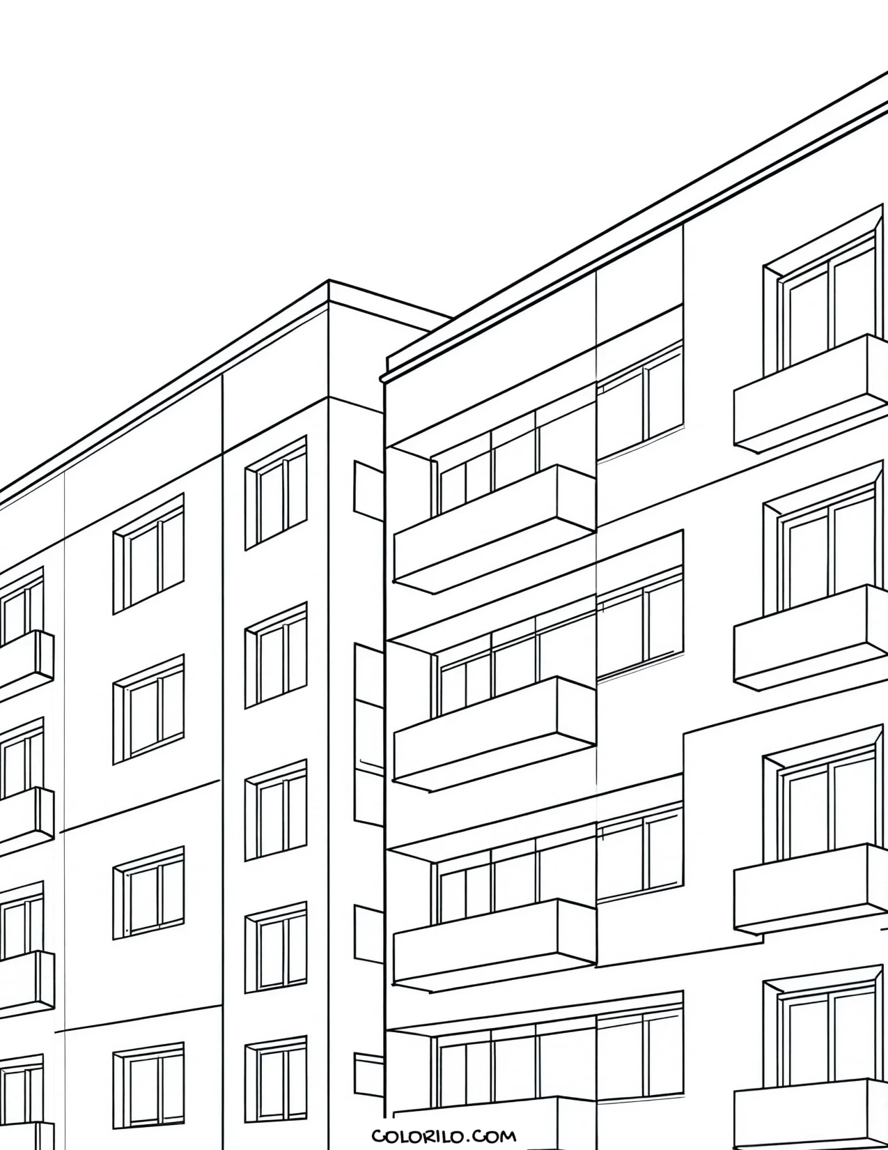 An apartment block with balconies and rows of windows coloring page