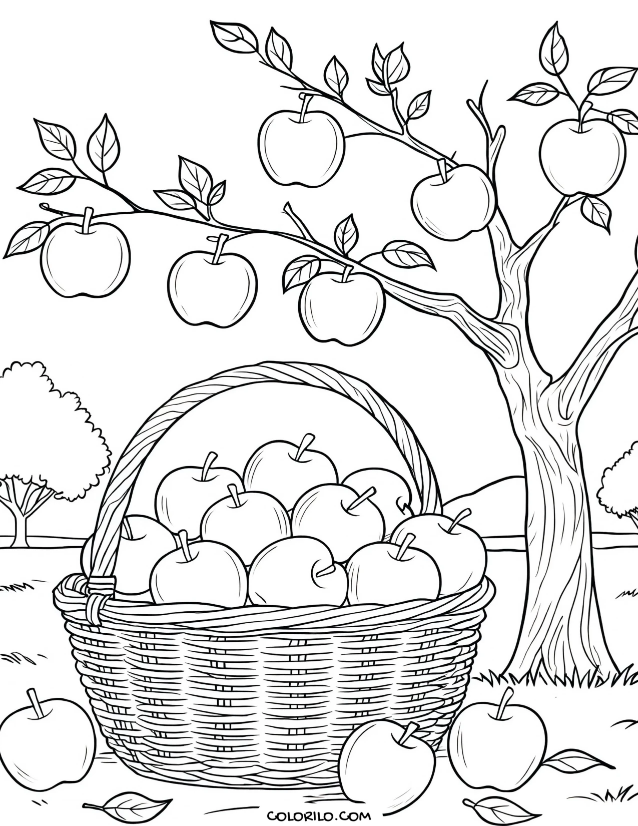 A basket of apples beneath an apple tree coloring page