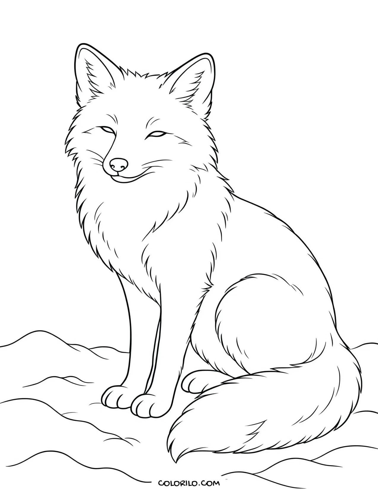 An arctic fox sitting in the snow coloring page