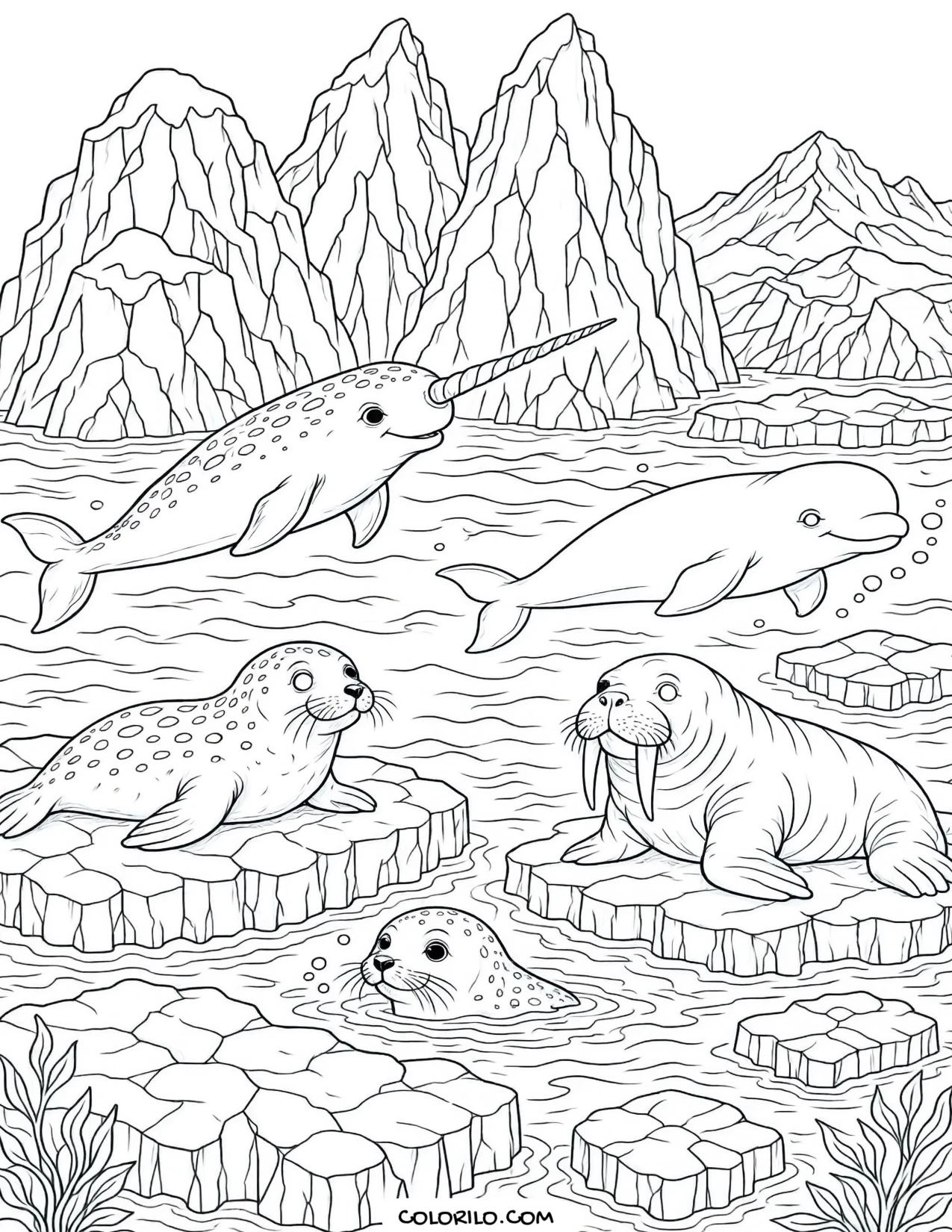 Narwhals and walruses in an Arctic scene coloring page