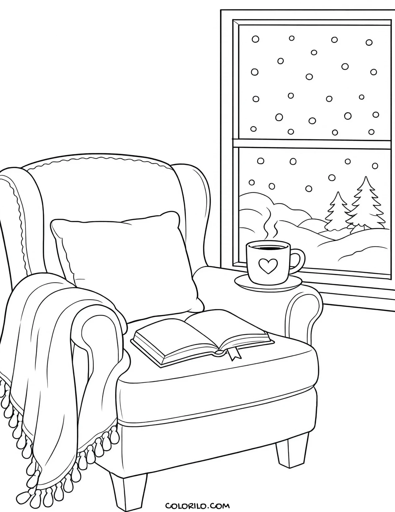 An armchair and a book beside a snowy window coloring page
