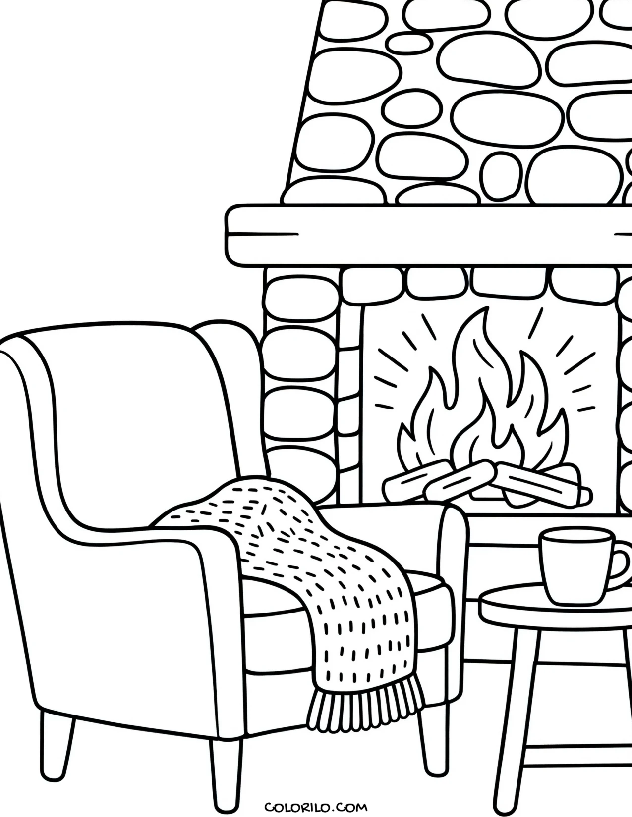 An armchair drawn up beside a lit fireplace coloring page