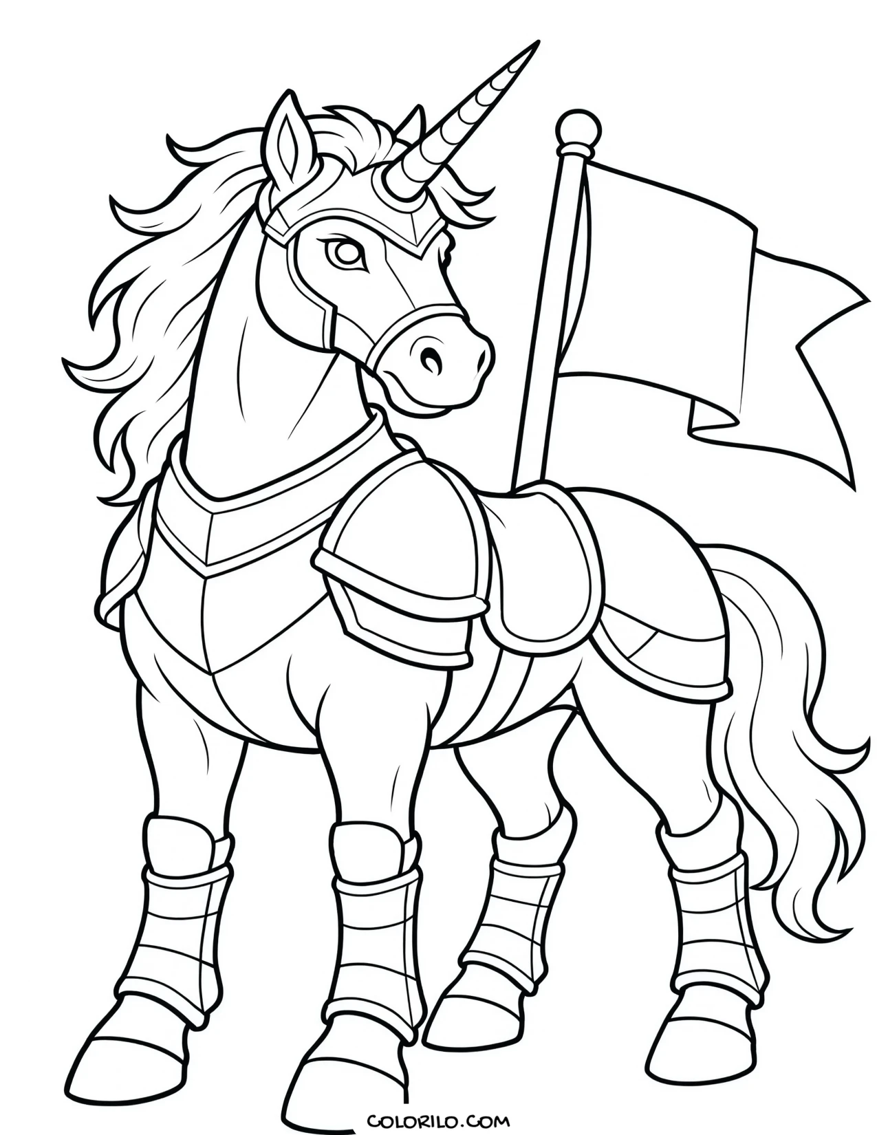 A unicorn in a knight's armour coloring page