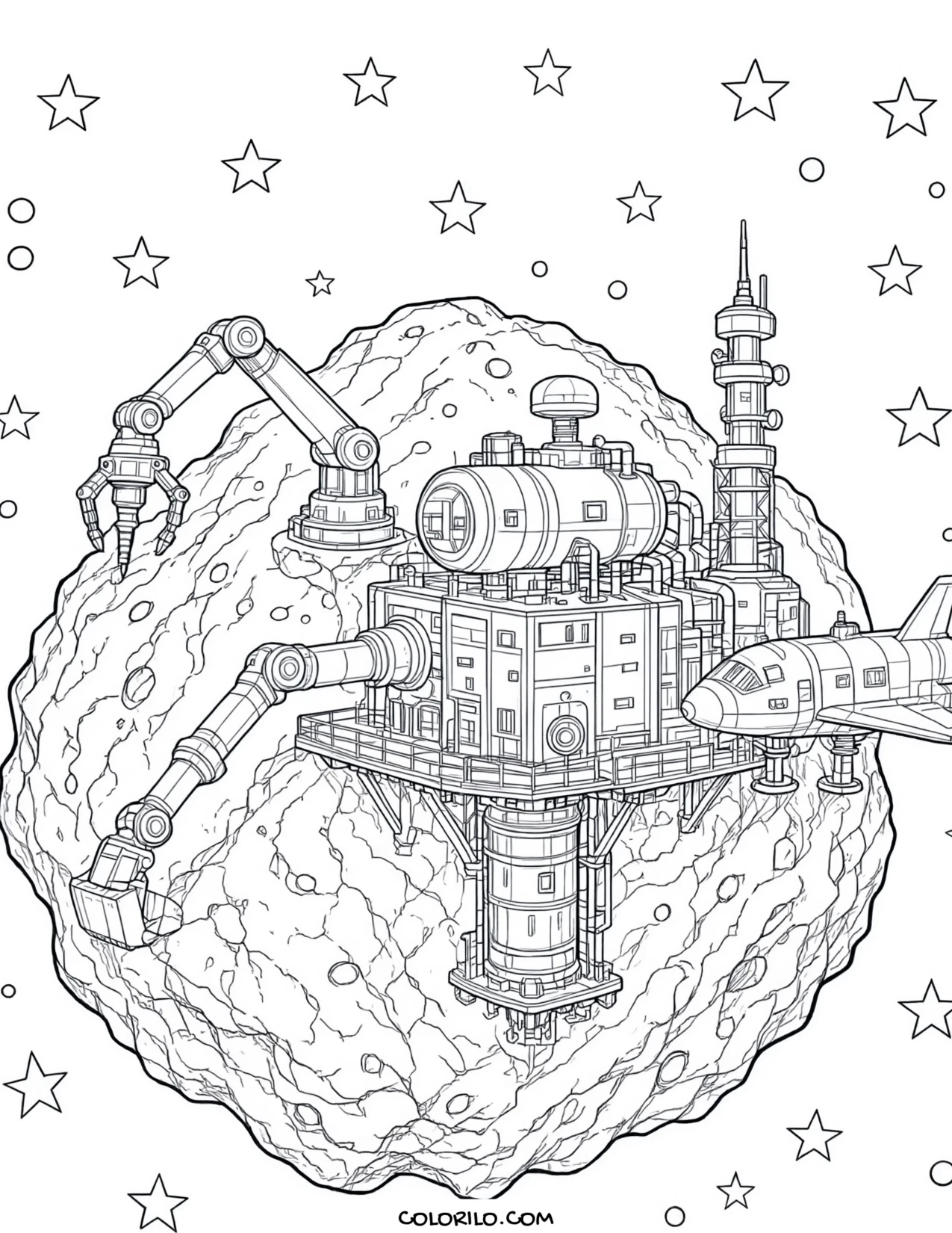 A mining outpost built on an asteroid coloring page