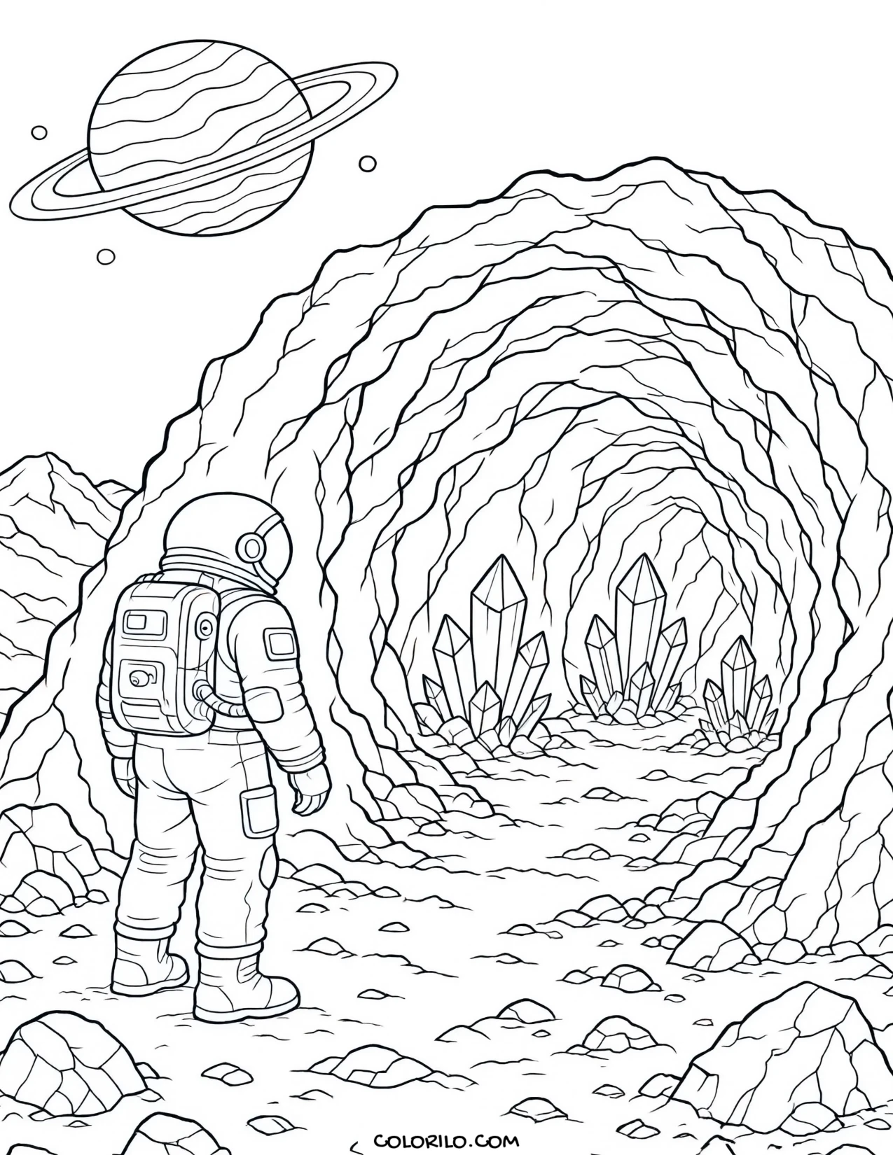 An astronaut exploring a crystal cave coloring page